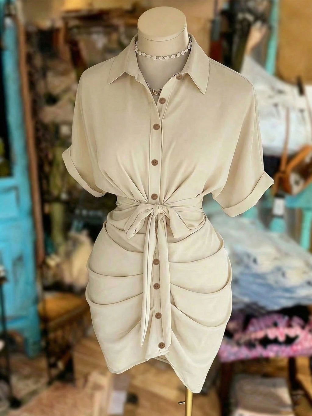EMERY ROSE Collared Single-Breasted Tie-Waist Short Sleeve Shirt Dress - image 3