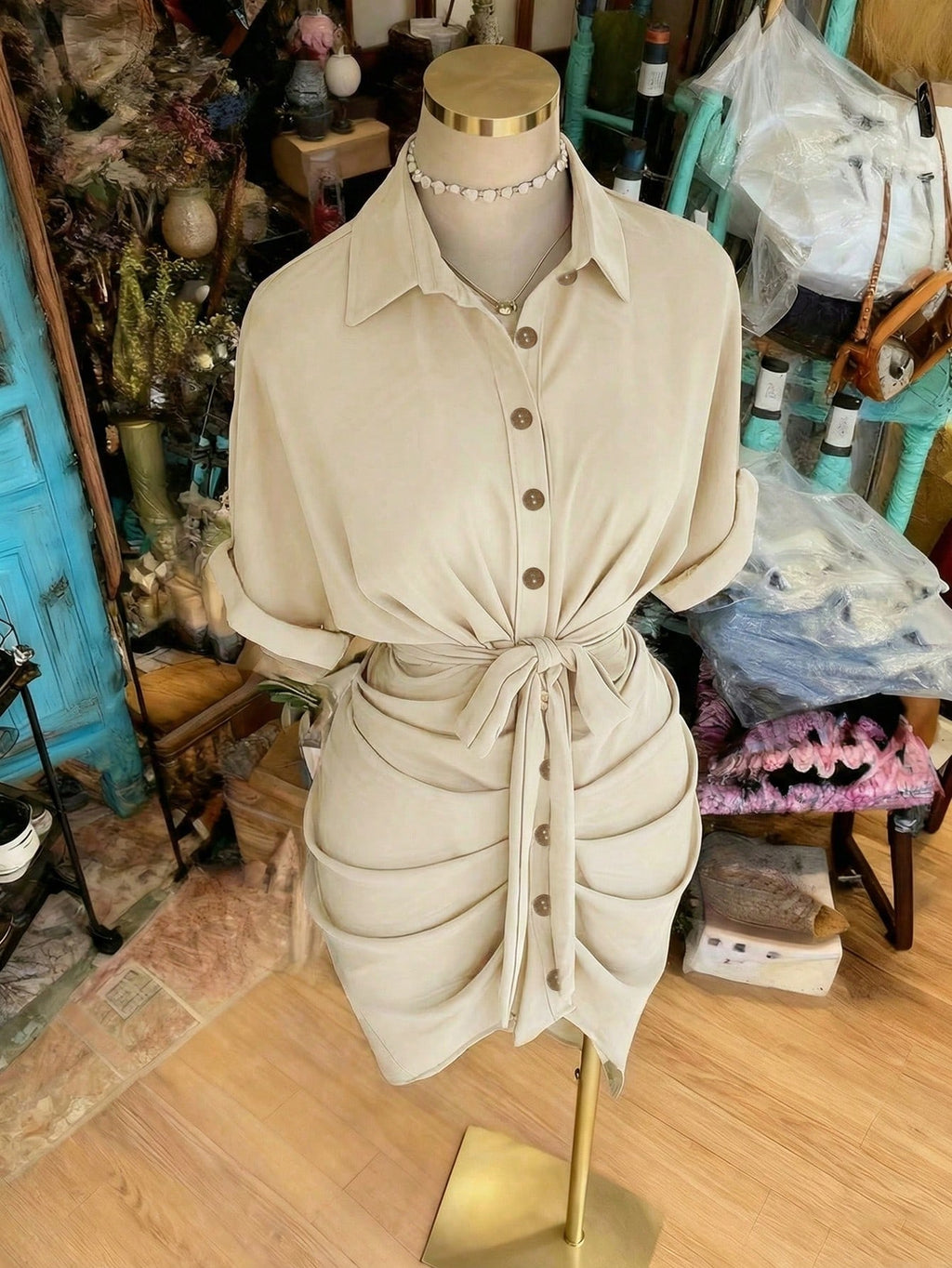 EMERY ROSE Collared Single-Breasted Tie-Waist Short Sleeve Shirt Dress - image 4