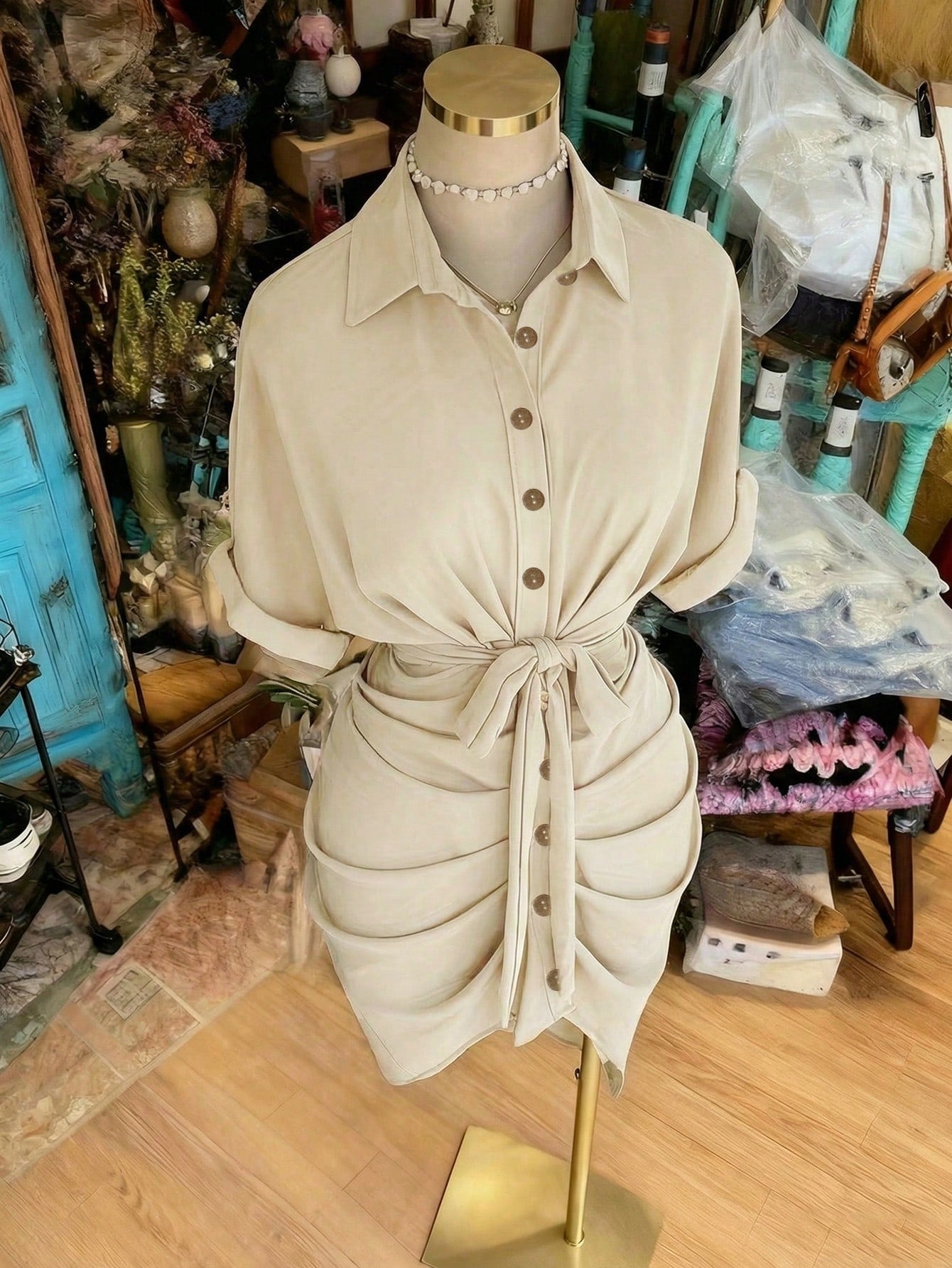 EMERY ROSE Collared Single-Breasted Tie-Waist Short Sleeve Shirt Dress - image 4