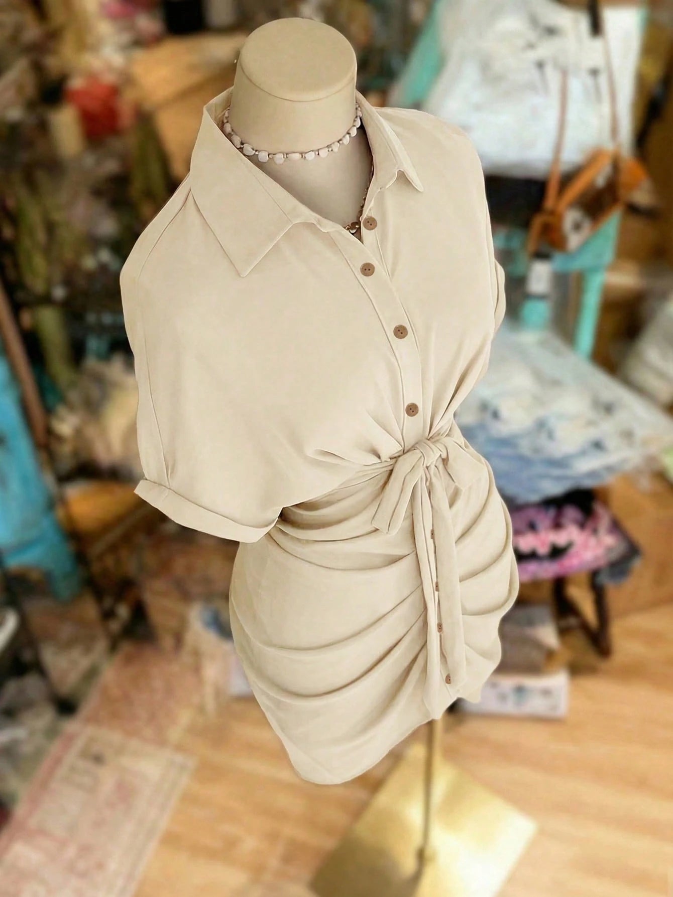 EMERY ROSE Collared Single-Breasted Tie-Waist Short Sleeve Shirt Dress - image 5