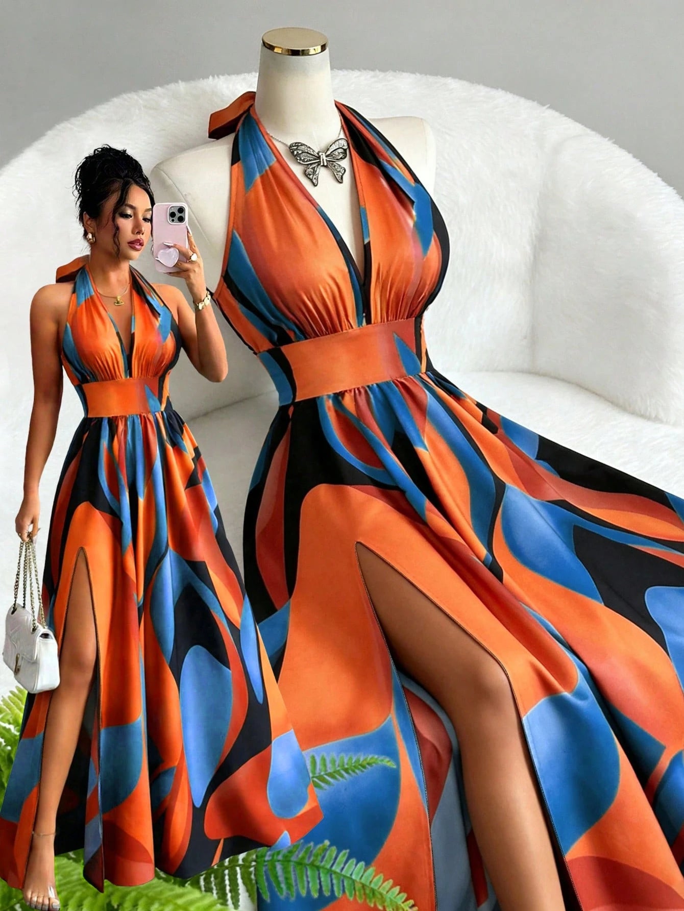 Elenzga Summer Elegant Vacation Women Dress,French Style High-End V-Neck Halter Backless A-Line Split - image 11