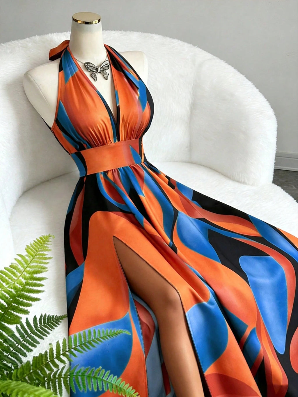 Elenzga Summer Elegant Vacation Women Dress,French Style High-End V-Neck Halter Backless A-Line Split - image 13
