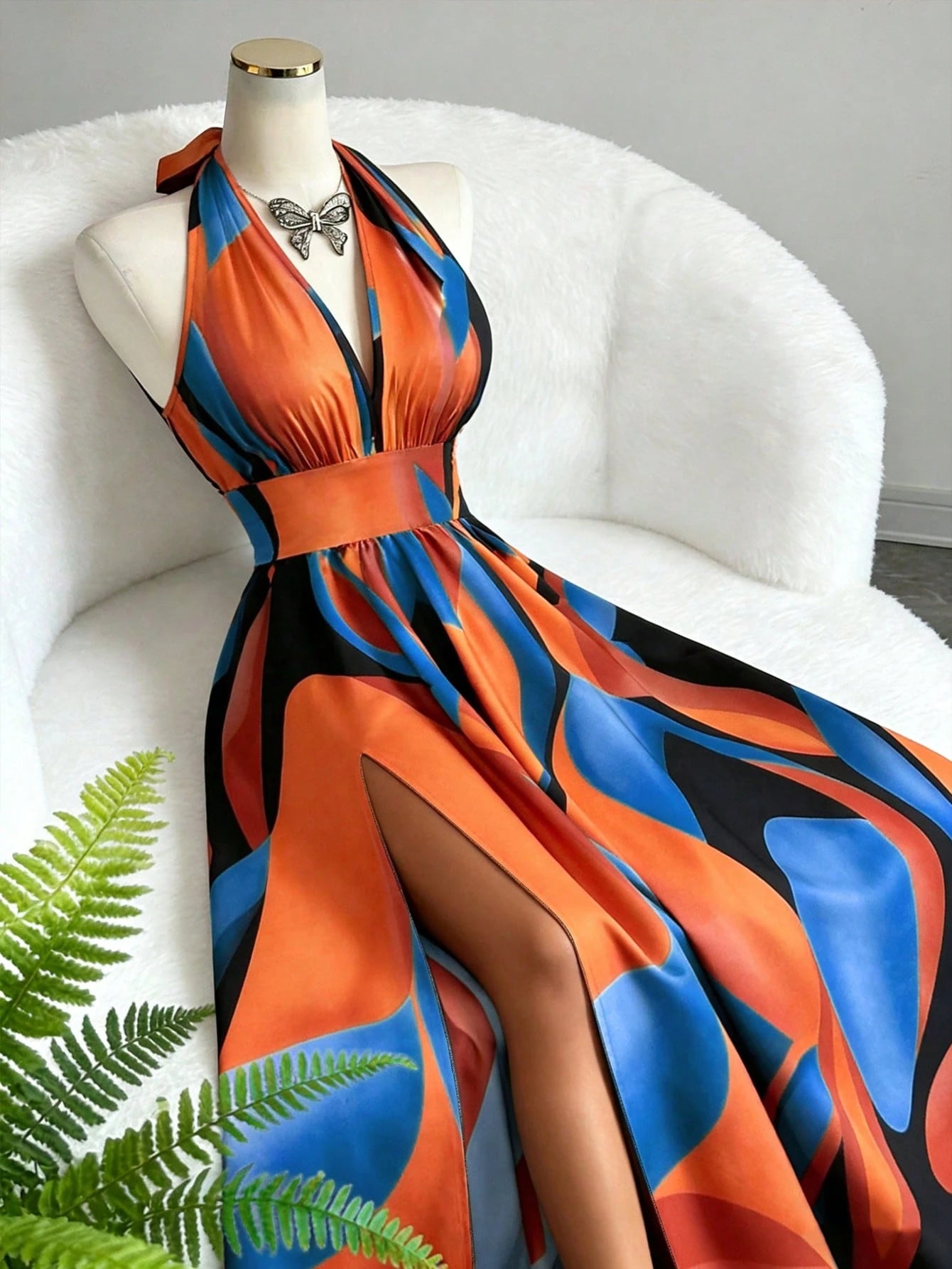 Elenzga Summer Elegant Vacation Women Dress,French Style High-End V-Neck Halter Backless A-Line Split - image 13