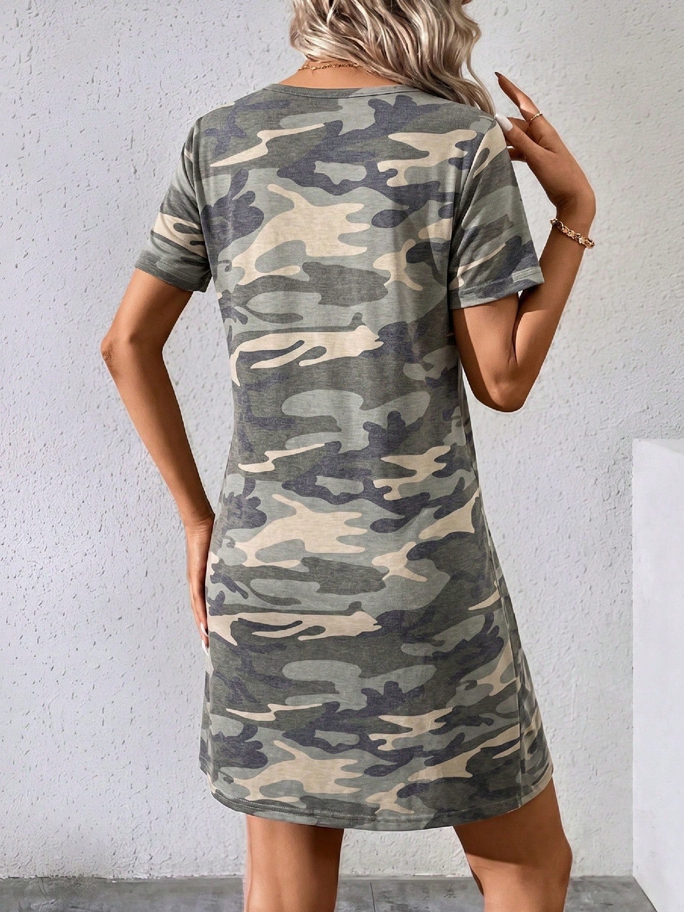 Women's Camouflage V-Neck Short Sleeve Casual Dress, Summer Holiday