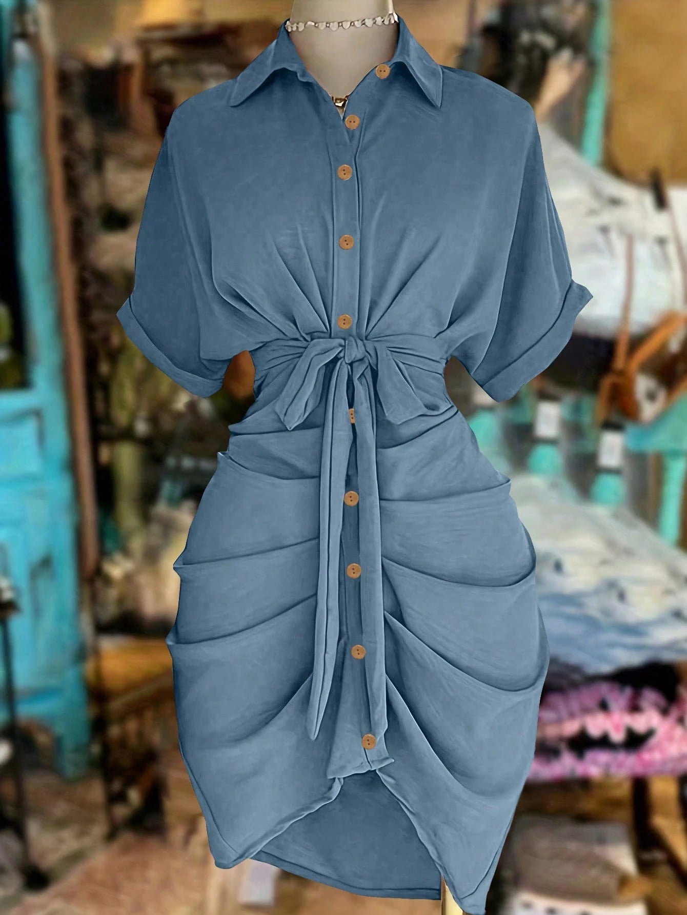 EMERY ROSE Collared Single-Breasted Tie-Waist Short Sleeve Shirt Dress