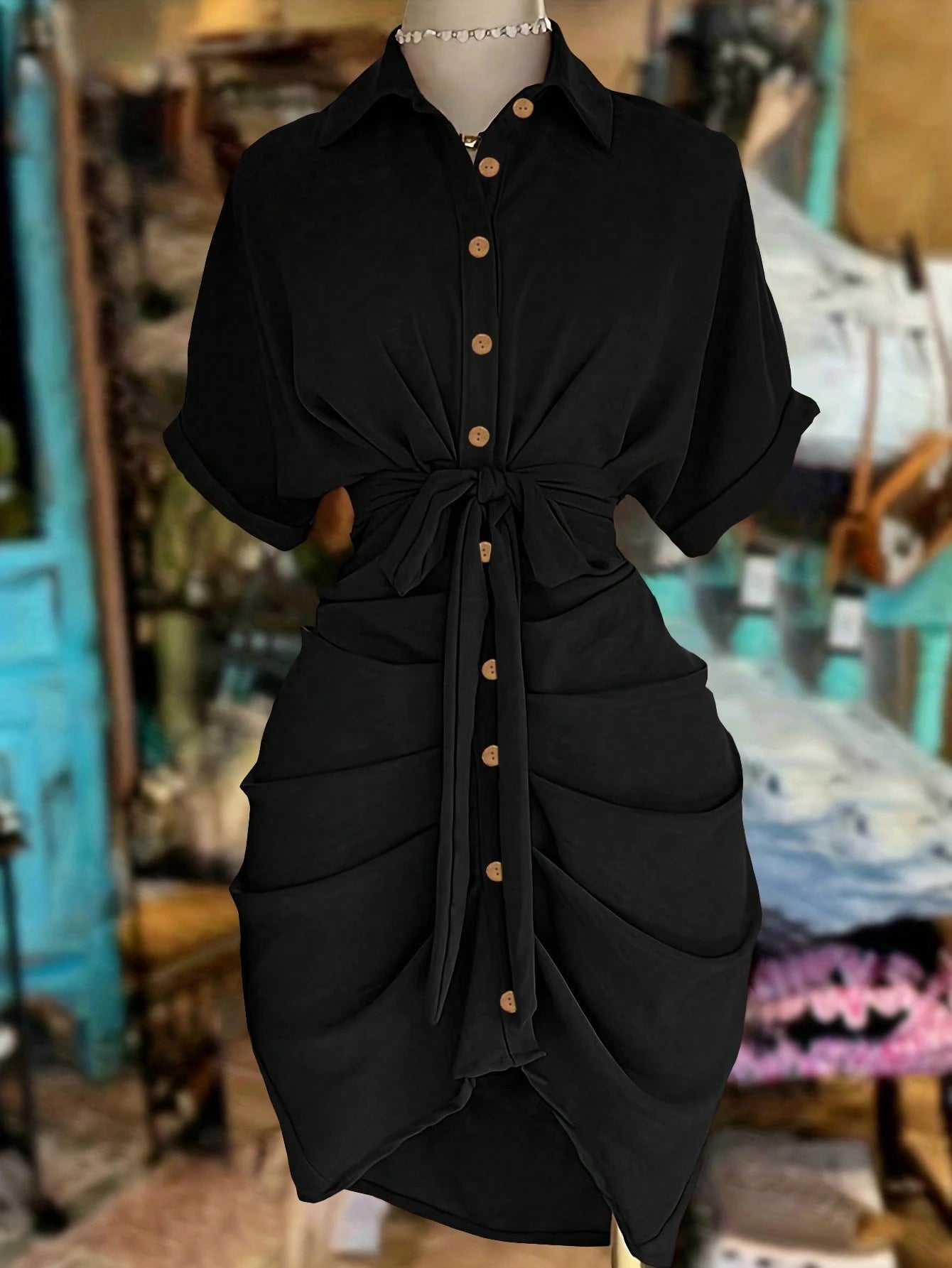 EMERY ROSE Collared Single-Breasted Tie-Waist Short Sleeve Shirt Dress - image 11