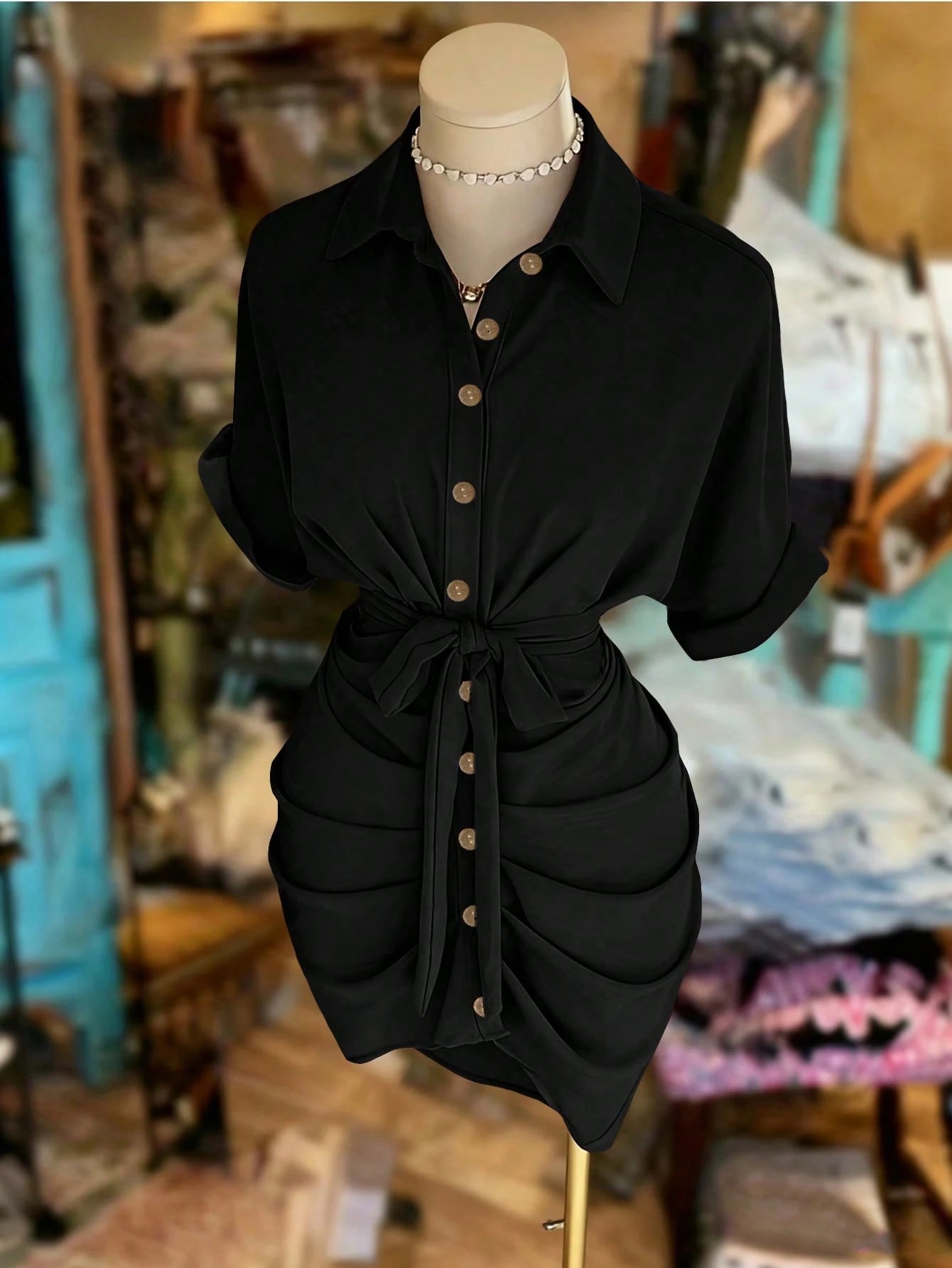 EMERY ROSE Collared Single-Breasted Tie-Waist Short Sleeve Shirt Dress - image 13