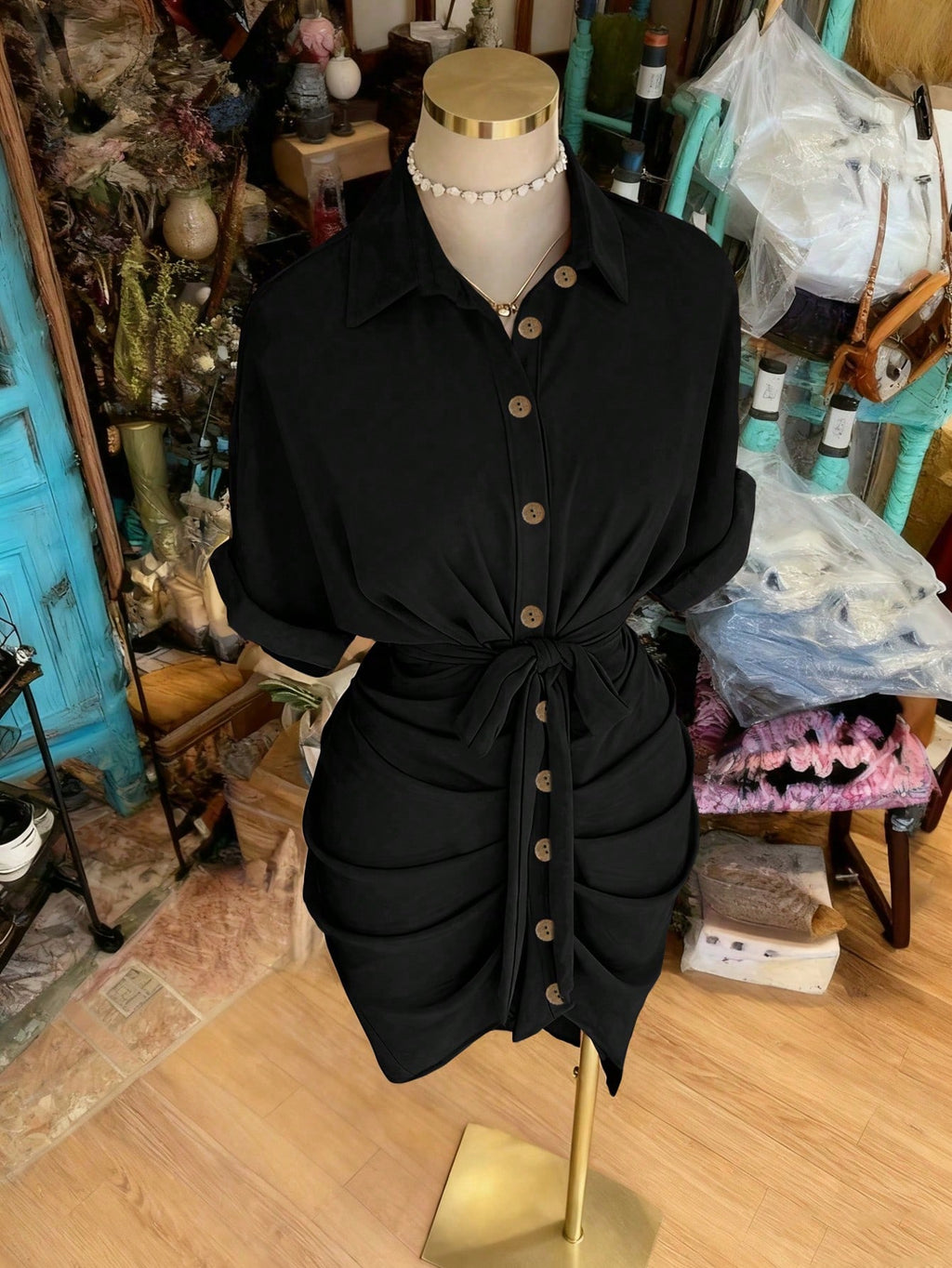 EMERY ROSE Collared Single-Breasted Tie-Waist Short Sleeve Shirt Dress - image 14