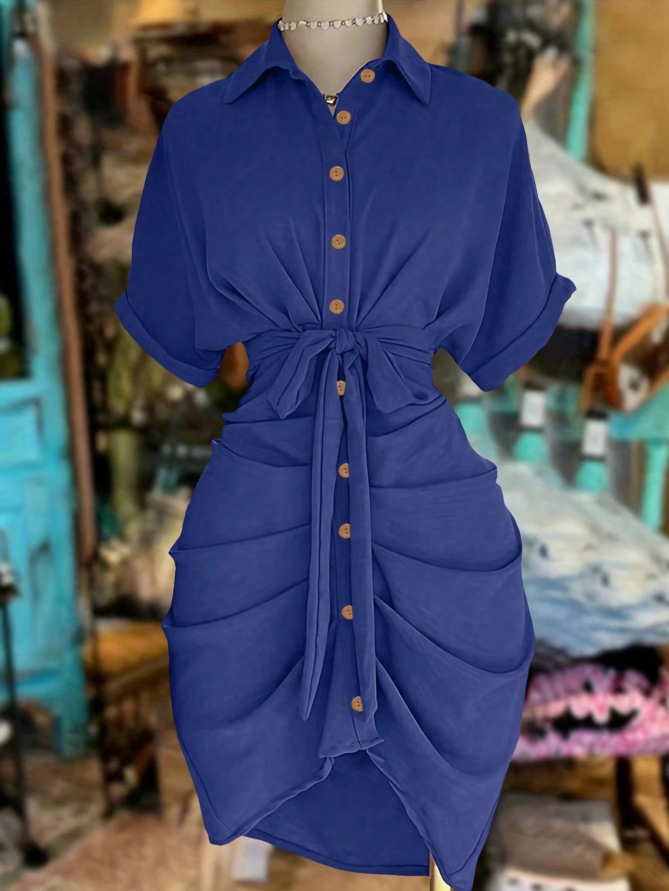 EMERY ROSE Collared Single-Breasted Tie-Waist Short Sleeve Shirt Dress - image 16