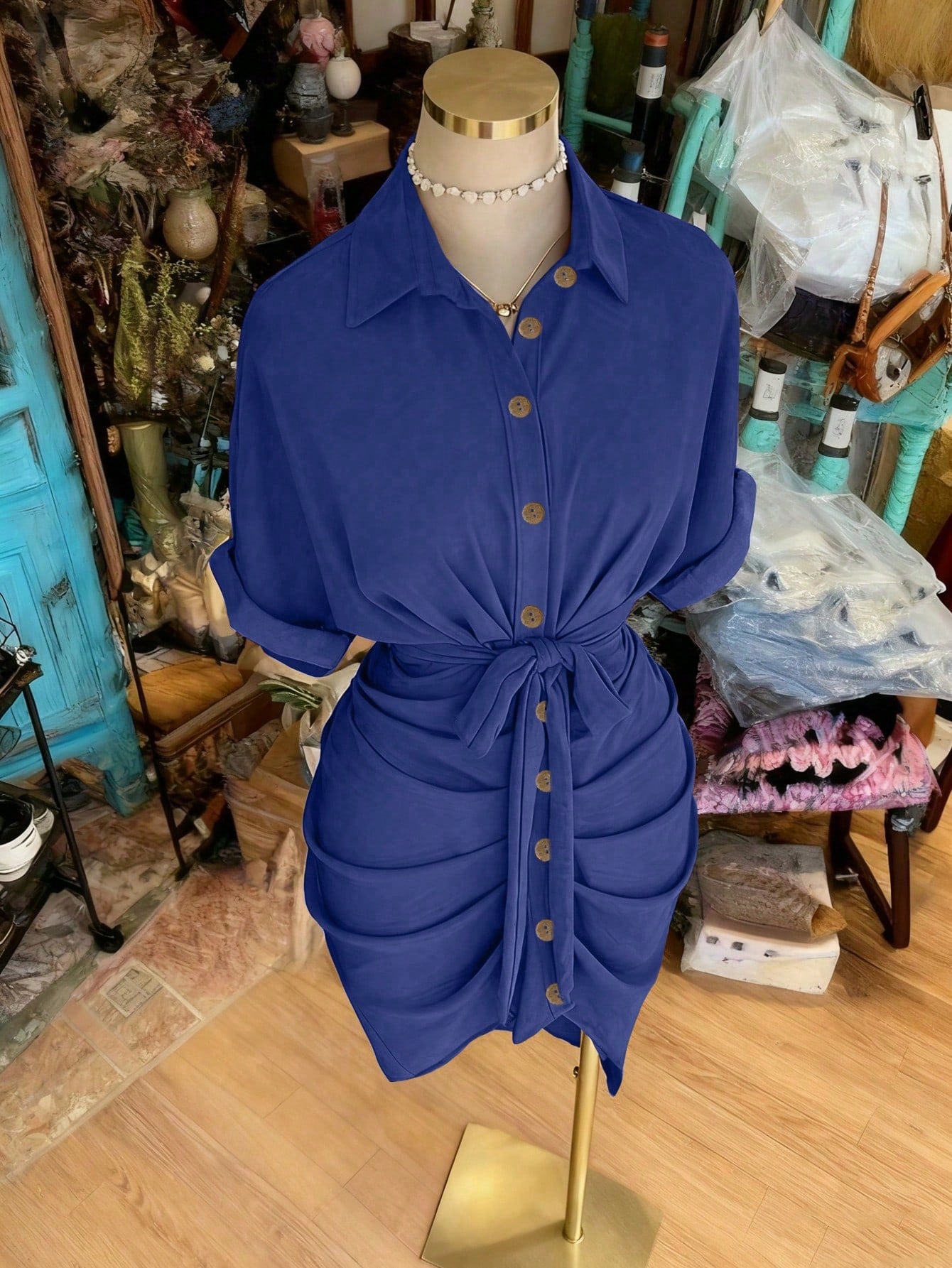 EMERY ROSE Collared Single-Breasted Tie-Waist Short Sleeve Shirt Dress - image 19