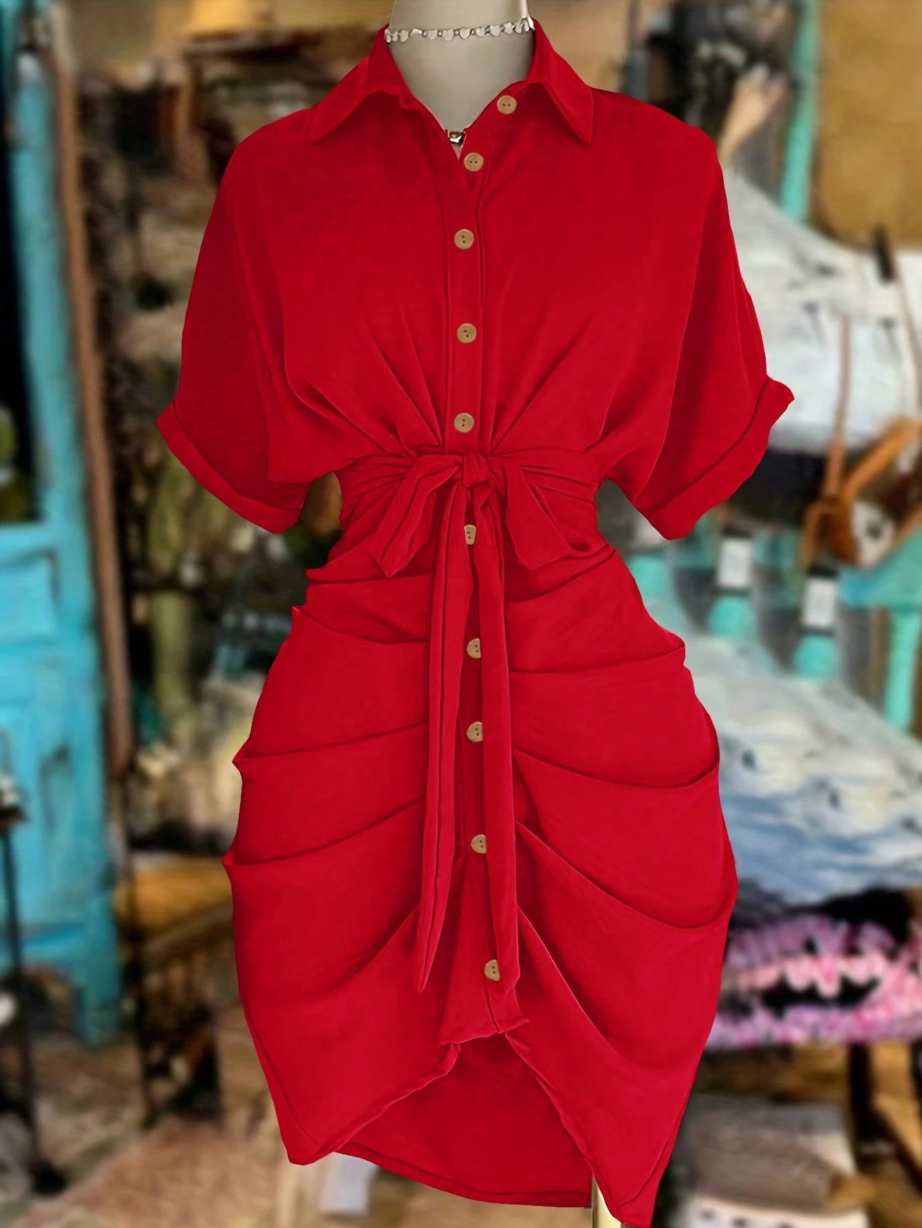EMERY ROSE Collared Single-Breasted Tie-Waist Short Sleeve Shirt Dress