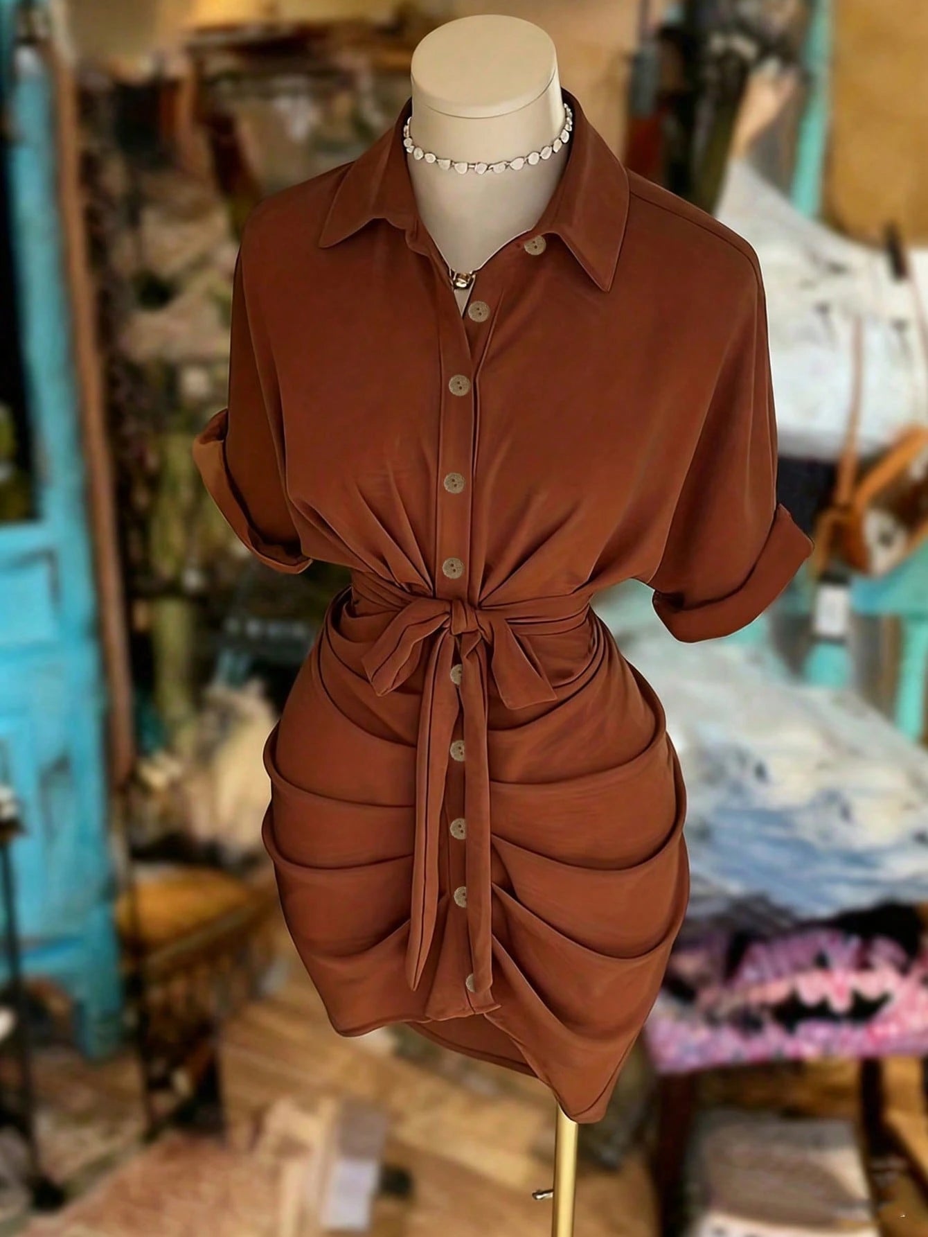 EMERY ROSE Collared Single-Breasted Tie-Waist Short Sleeve Shirt Dress - image 8