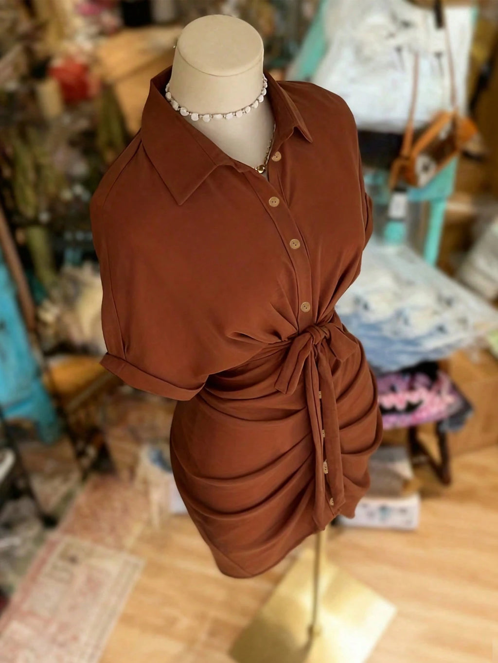 EMERY ROSE Collared Single-Breasted Tie-Waist Short Sleeve Shirt Dress - image 9