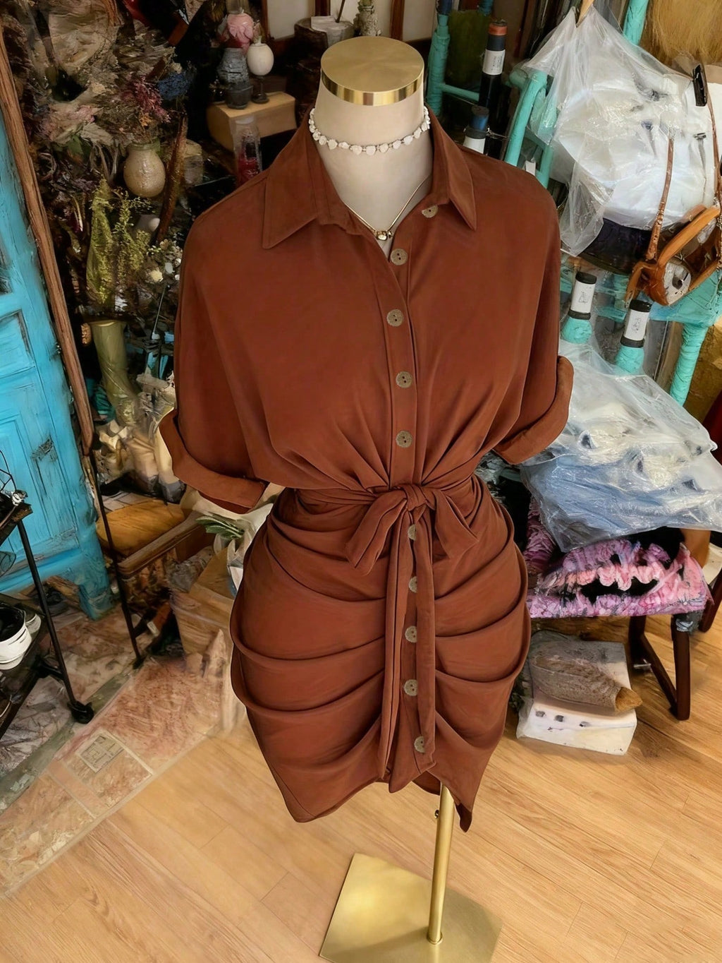 EMERY ROSE Collared Single-Breasted Tie-Waist Short Sleeve Shirt Dress - image 10