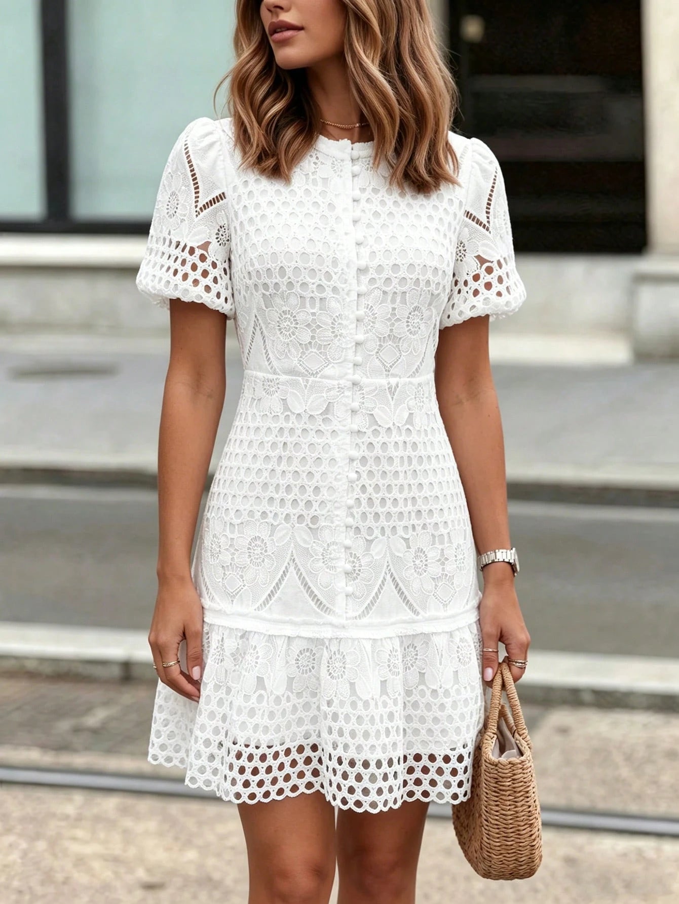 Vusalt Women's Summer White Heavy Embroidery Lace Vintage Elegant Puff Sleeve Fitted French Style Vacation - image 7