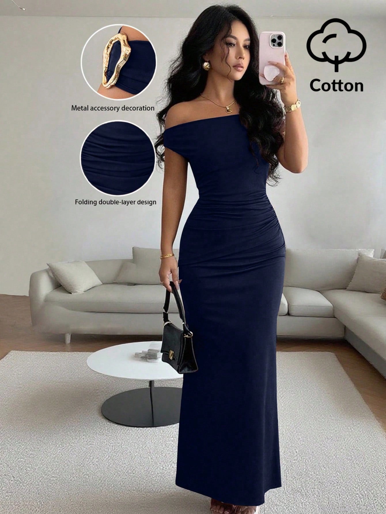 Rafferiza Elegant Ruched Off-Shoulder Metallic Accent Fitted Party