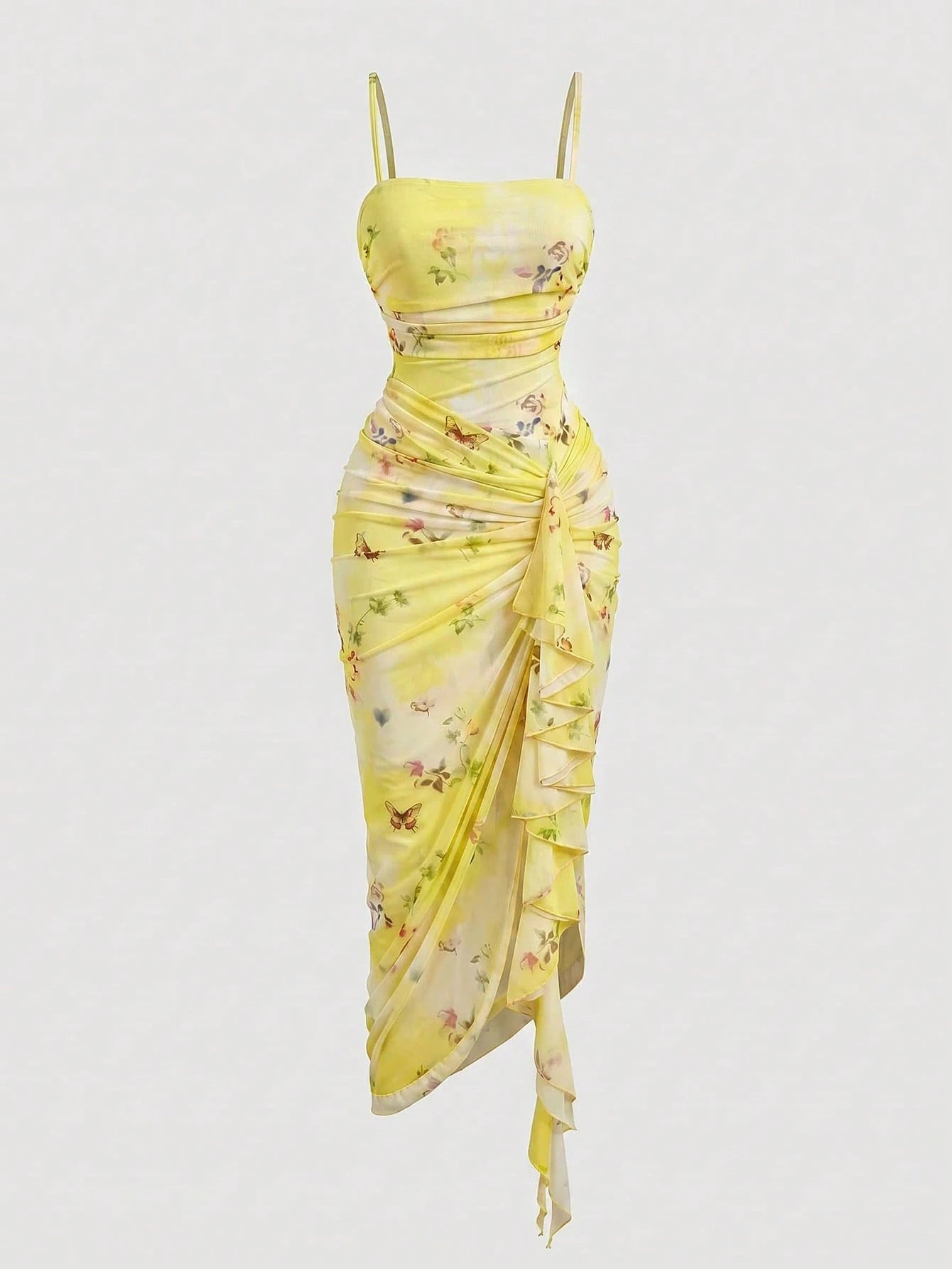 Skyraze Women's Elegant Cream Floral Print Ruffle Hem Fitted Midi