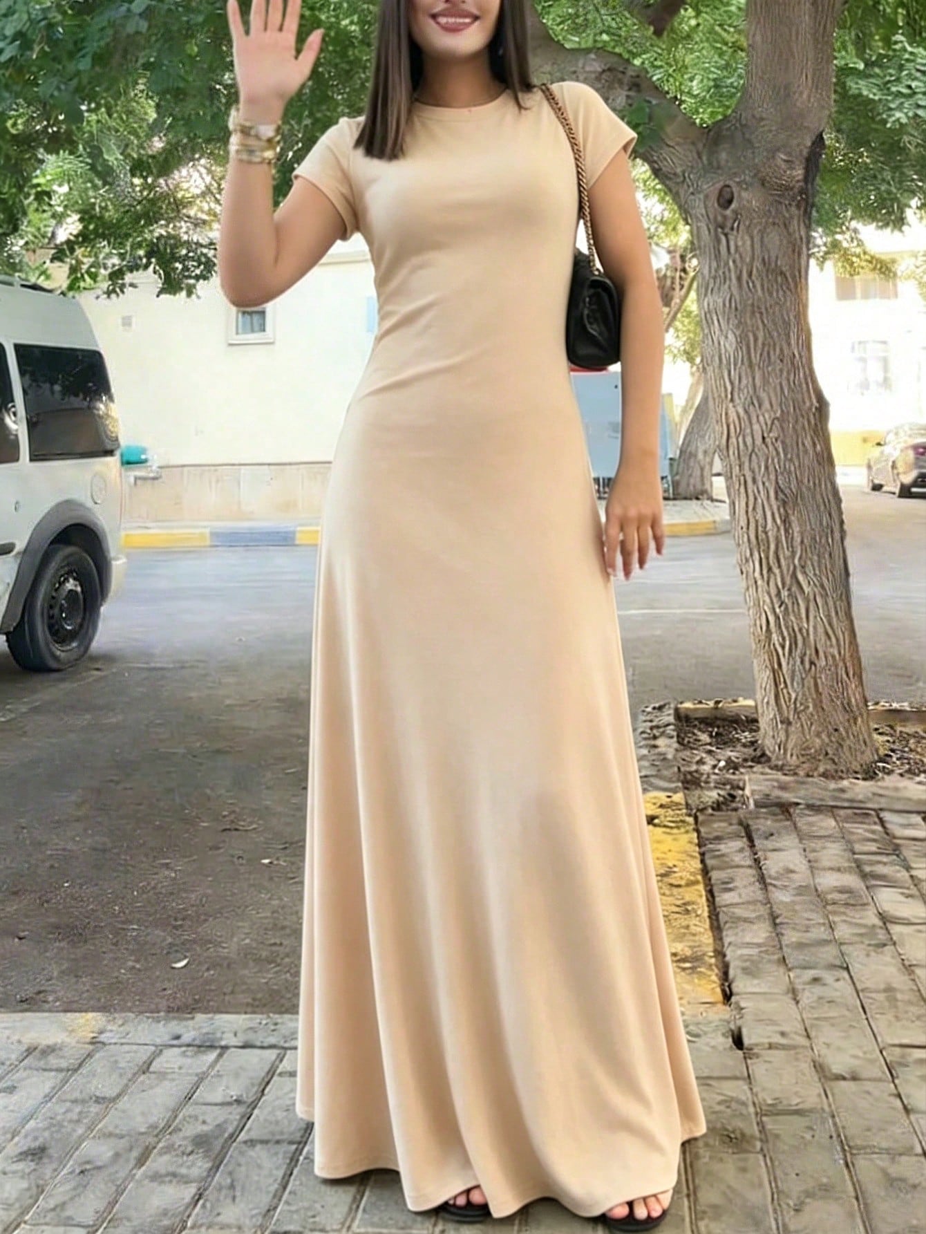INAWLY Solva Women's Solid Color Round Neck Elegant Waist Cinched Long Party Dress - image 4