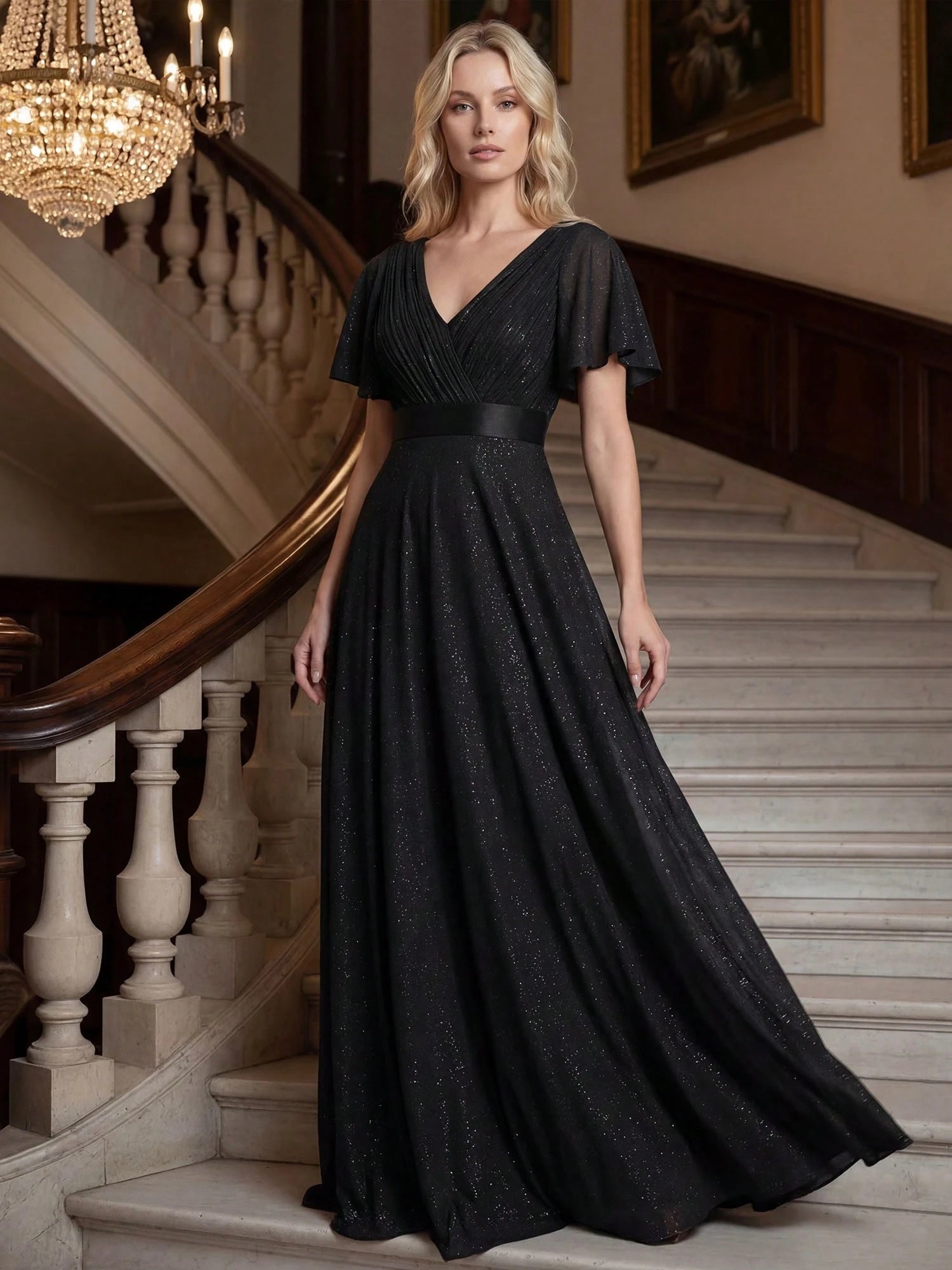 EVERPRETTY Elegant V-Neck Ruffle Sequin Bridesmaid Dress, Formal