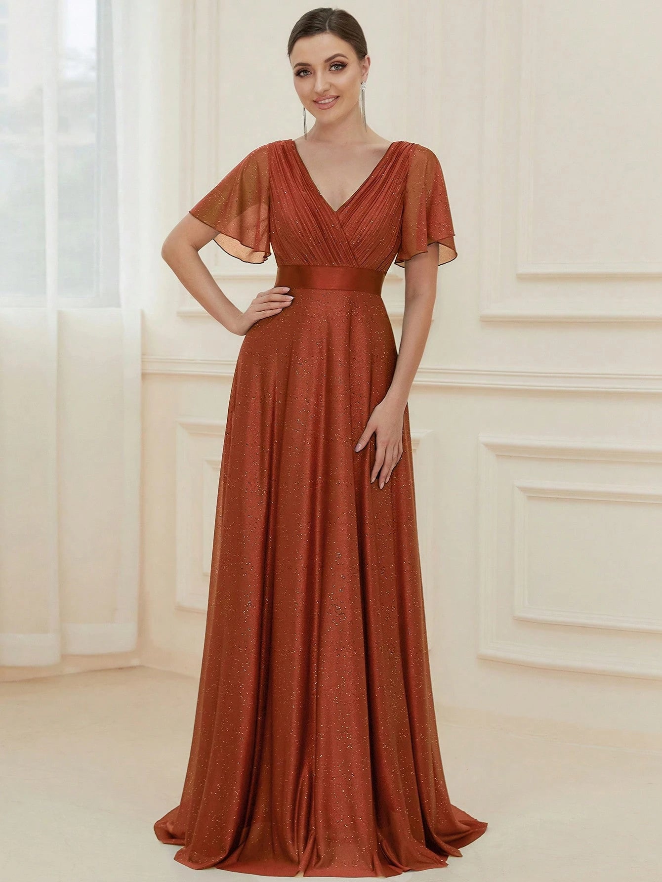 EVERPRETTY Elegant V-Neck Ruffle Sequin Bridesmaid Dress, Formal