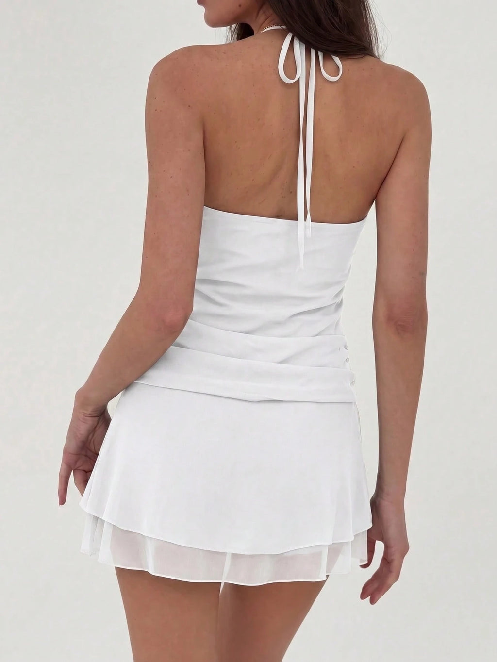 Women's Solid Color Woven Double-Layer Mini Dress With Built-In Safety Shorts, Waist Ruching, Sexy Elegant - image 12