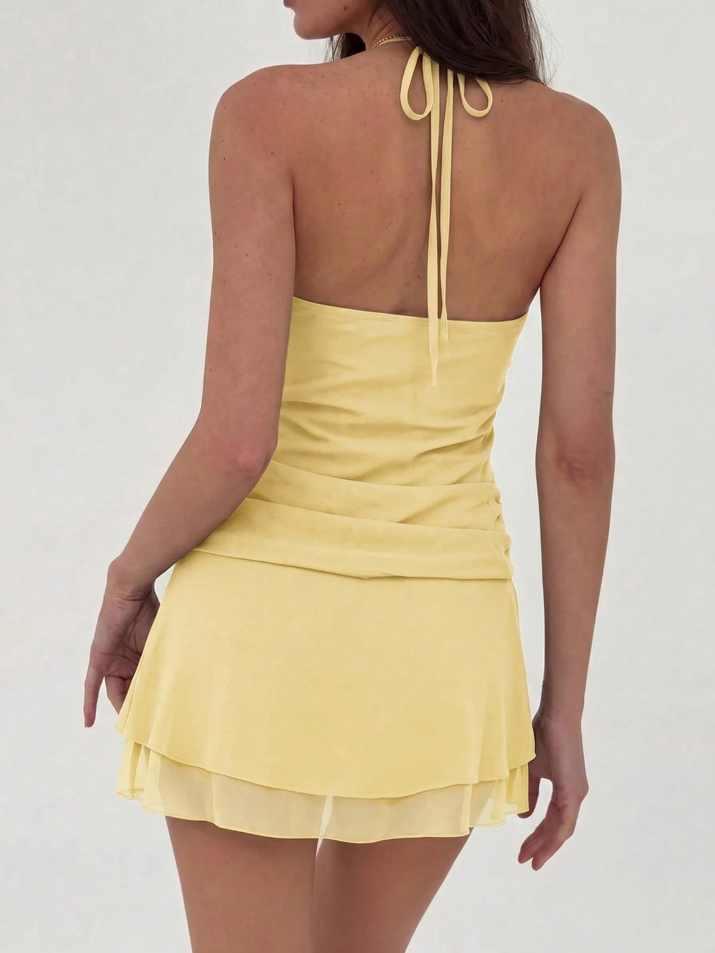 Women's Solid Color Woven Double-Layer Mini Dress With Built-In Safety Shorts, Waist Ruching, Sexy Elegant - image 15