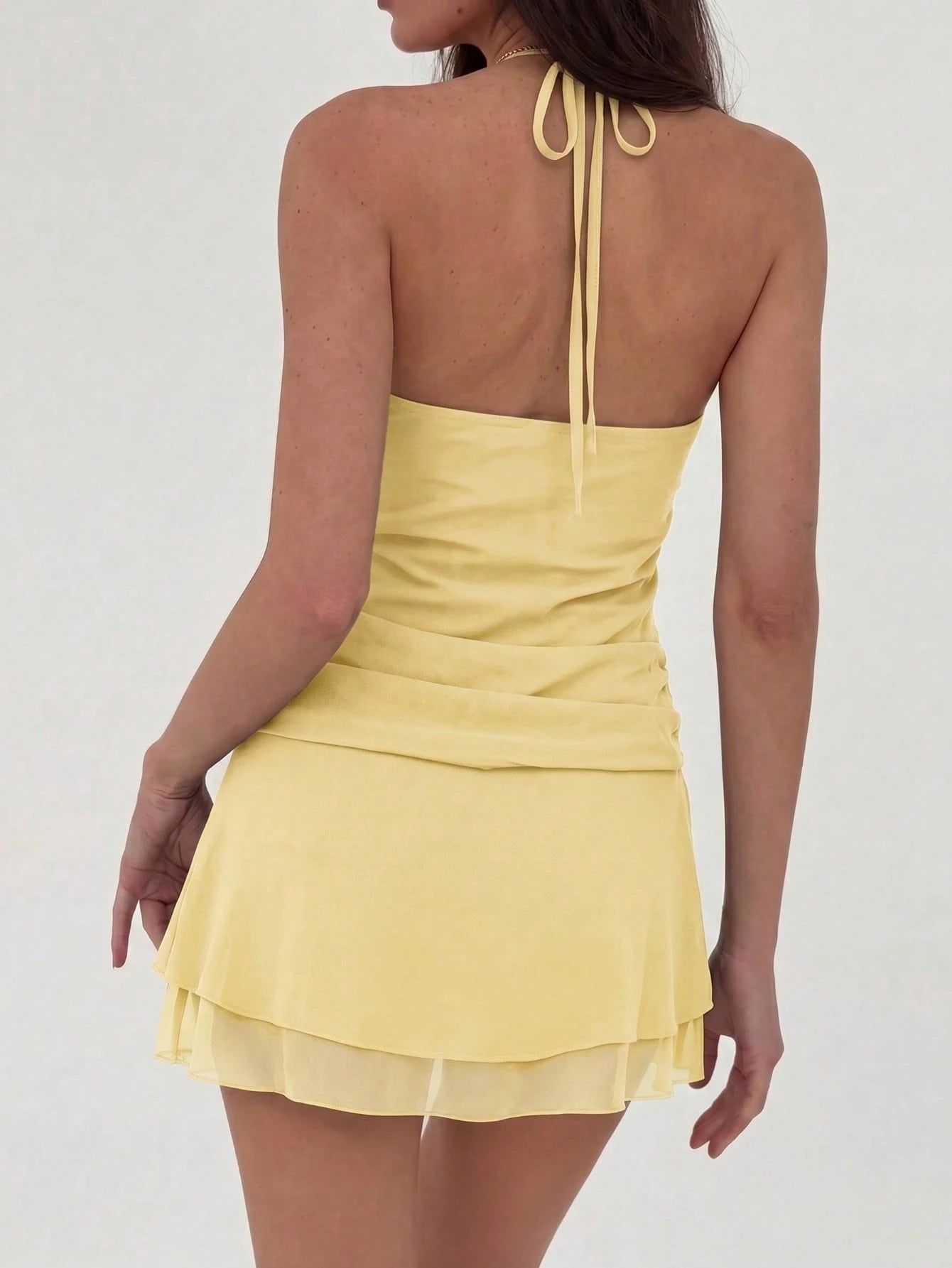 Women's Solid Color Woven Double-Layer Mini Dress With Built-In Safety Shorts, Waist Ruching, Sexy Elegant - image 15