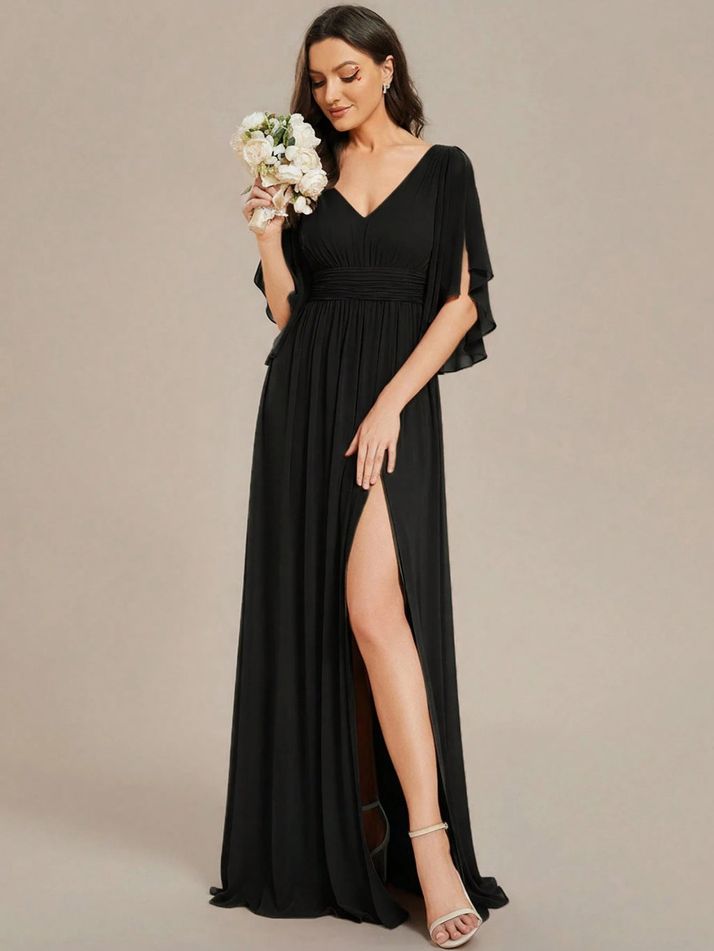 EVERPRETTY Summer Early Autumn Elegant Off-Shoulder Ruffle Sleeve V-Neck High Waist Fitted Chiffon Sage Green - image 15