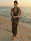 Firerie New Elegant Sexy Romantic Brown Floral V-Neck Floral Print Fitted Dress, Dress, Summer Dress, Beach
