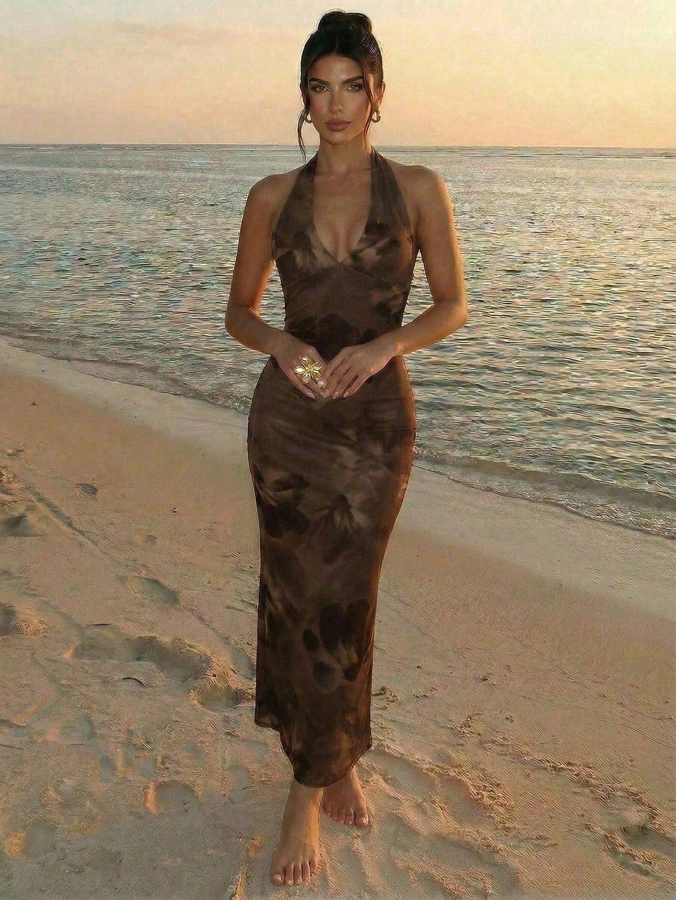 Firerie New Elegant Sexy Romantic Brown Floral V-Neck Floral Print Fitted Dress, Dress, Summer Dress, Beach