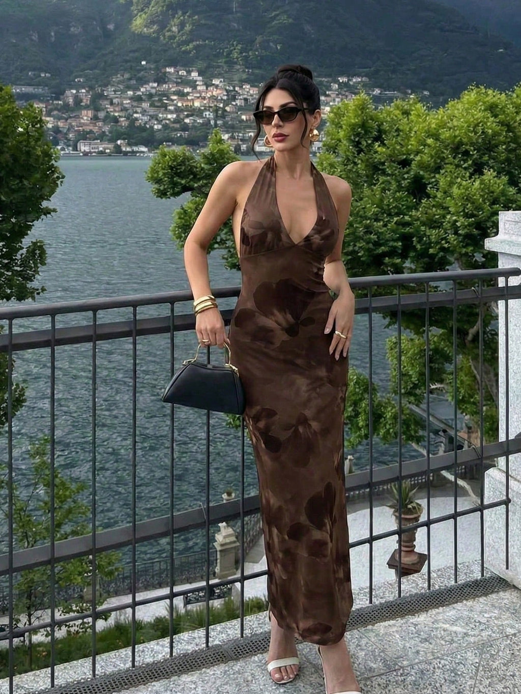 Firerie New Elegant Sexy Romantic Brown Floral V-Neck Floral Print Fitted Dress, Dress, Summer Dress, Beach - image 2