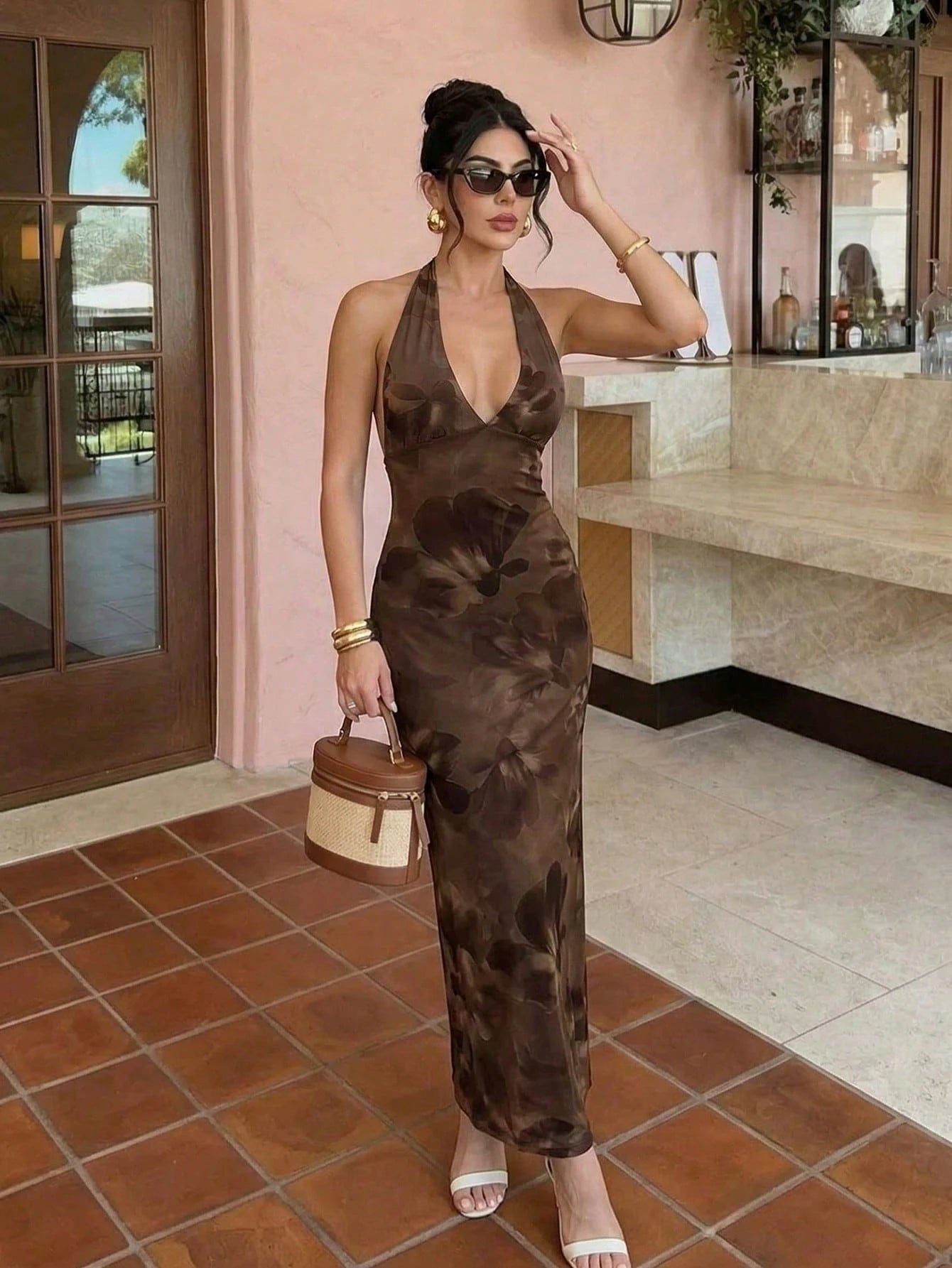 Firerie New Elegant Sexy Romantic Brown Floral V-Neck Floral Print Fitted Dress, Dress, Summer Dress, Beach - image 3