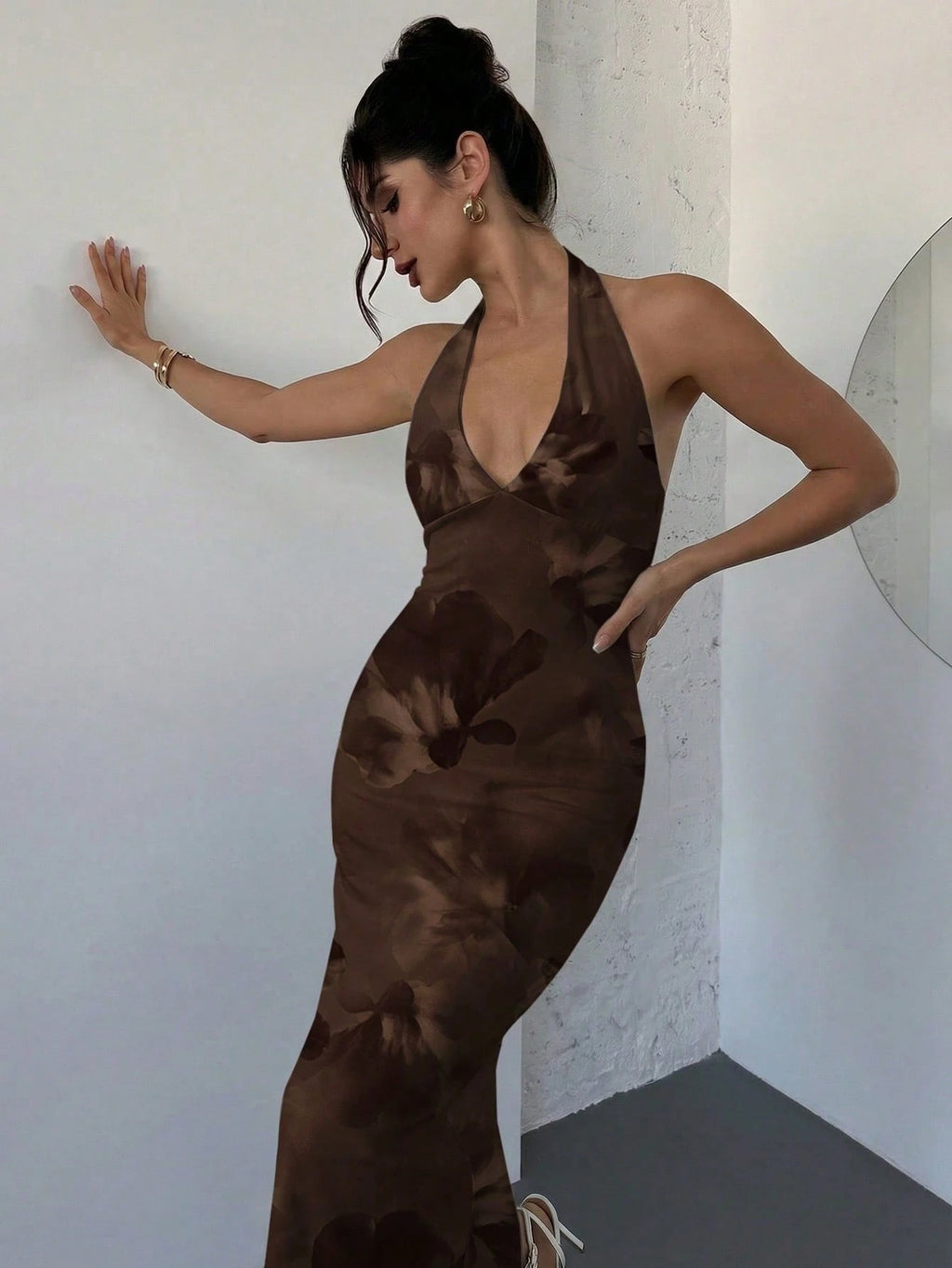 Firerie New Elegant Sexy Romantic Brown Floral V-Neck Floral Print Fitted Dress, Dress, Summer Dress, Beach - image 6