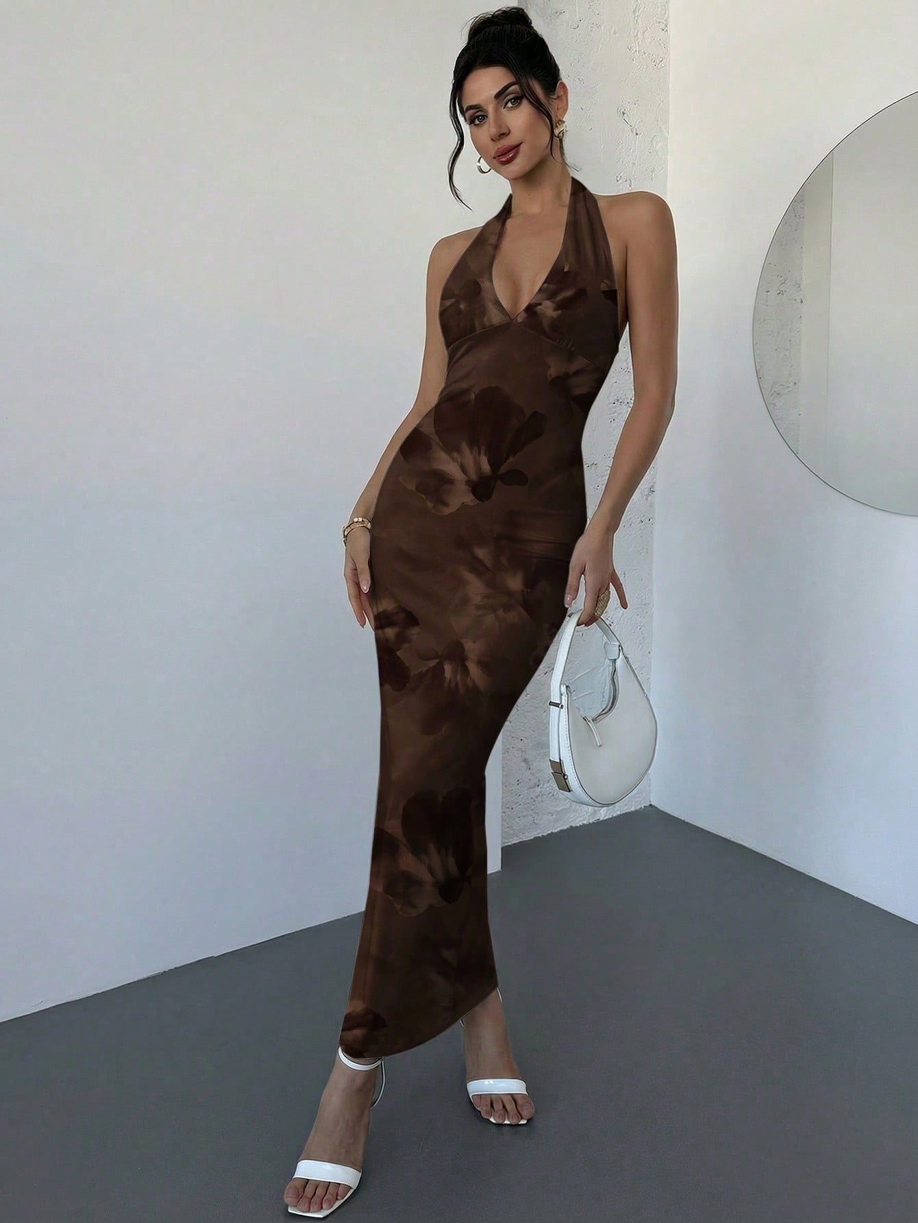 Firerie New Elegant Sexy Romantic Brown Floral V-Neck Floral Print Fitted Dress, Dress, Summer Dress, Beach - image 7