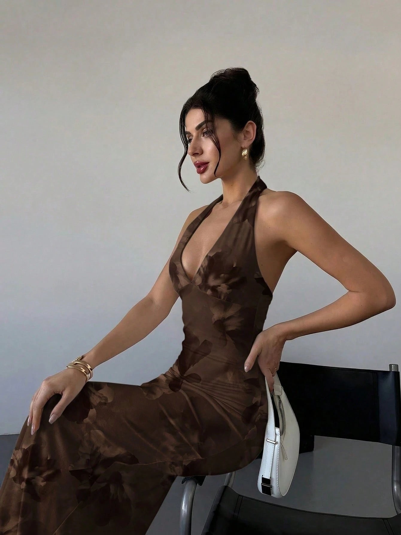 Firerie New Elegant Sexy Romantic Brown Floral V-Neck Floral Print Fitted Dress, Dress, Summer Dress, Beach - image 9