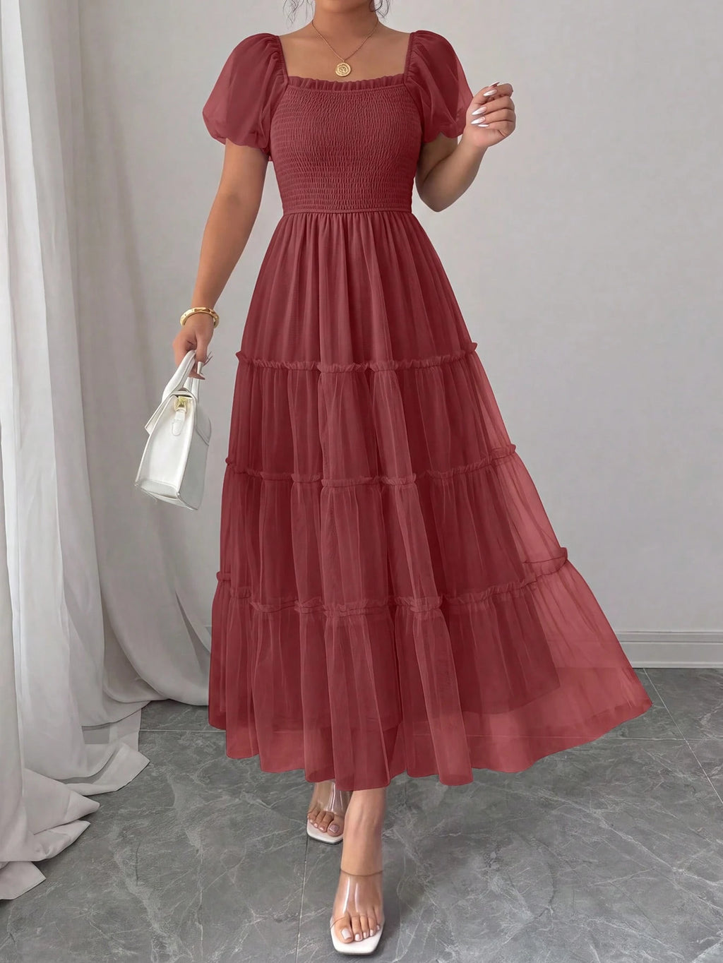PRETTYGARDEN Women's Summer Smocked Midi Tulle Dress Puffy Short Sleeve Square Neck Ruffle Wedding Guest - image 3