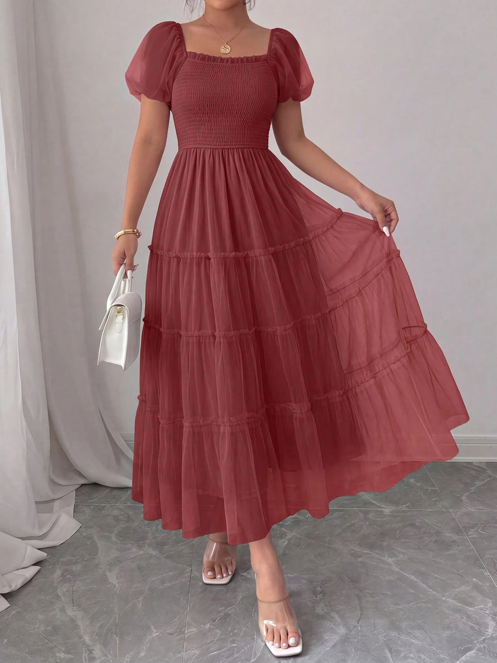 PRETTYGARDEN Women's Summer Smocked Midi Tulle Dress Puffy Short Sleeve Square Neck Ruffle Wedding Guest - image 4
