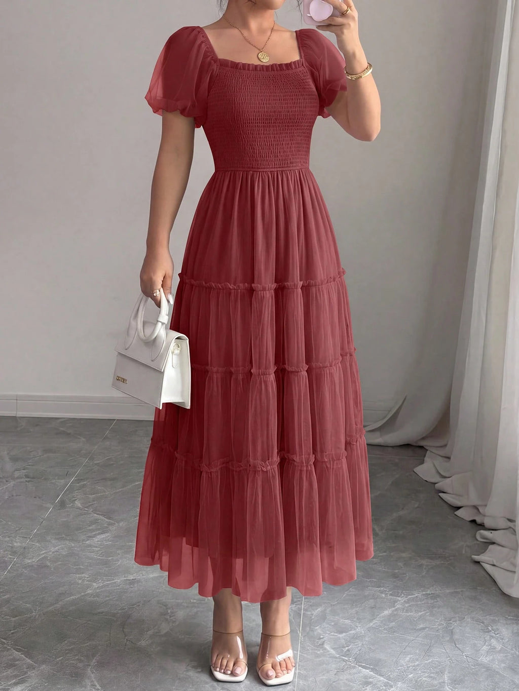 PRETTYGARDEN Women's Summer Smocked Midi Tulle Dress Puffy Short Sleeve Square Neck Ruffle Wedding Guest - image 5