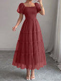PRETTYGARDEN Women's Summer Smocked Midi Tulle Dress Puffy Short Sleeve Square Neck Ruffle Wedding Guest