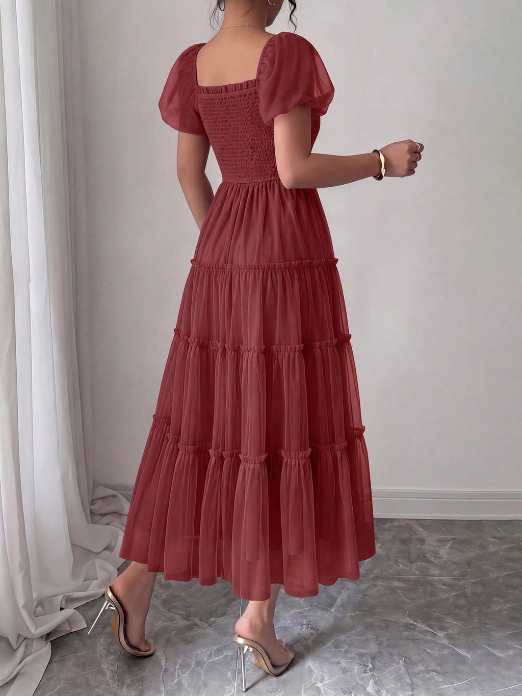 PRETTYGARDEN Women's Summer Smocked Midi Tulle Dress Puffy Short Sleeve Square Neck Ruffle Wedding Guest - image 2