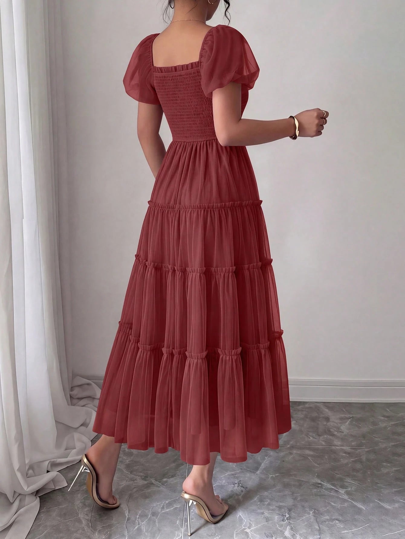 PRETTYGARDEN Women's Summer Smocked Midi Tulle Dress Puffy Short Sleeve Square Neck Ruffle Wedding Guest - image 2