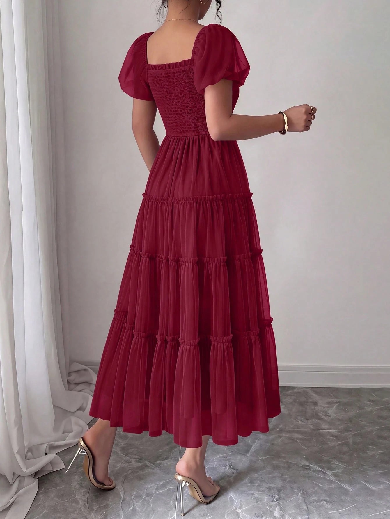 PRETTYGARDEN Women's Summer Smocked Midi Tulle Dress Puffy Short Sleeve Square Neck Ruffle Wedding Guest - image 12