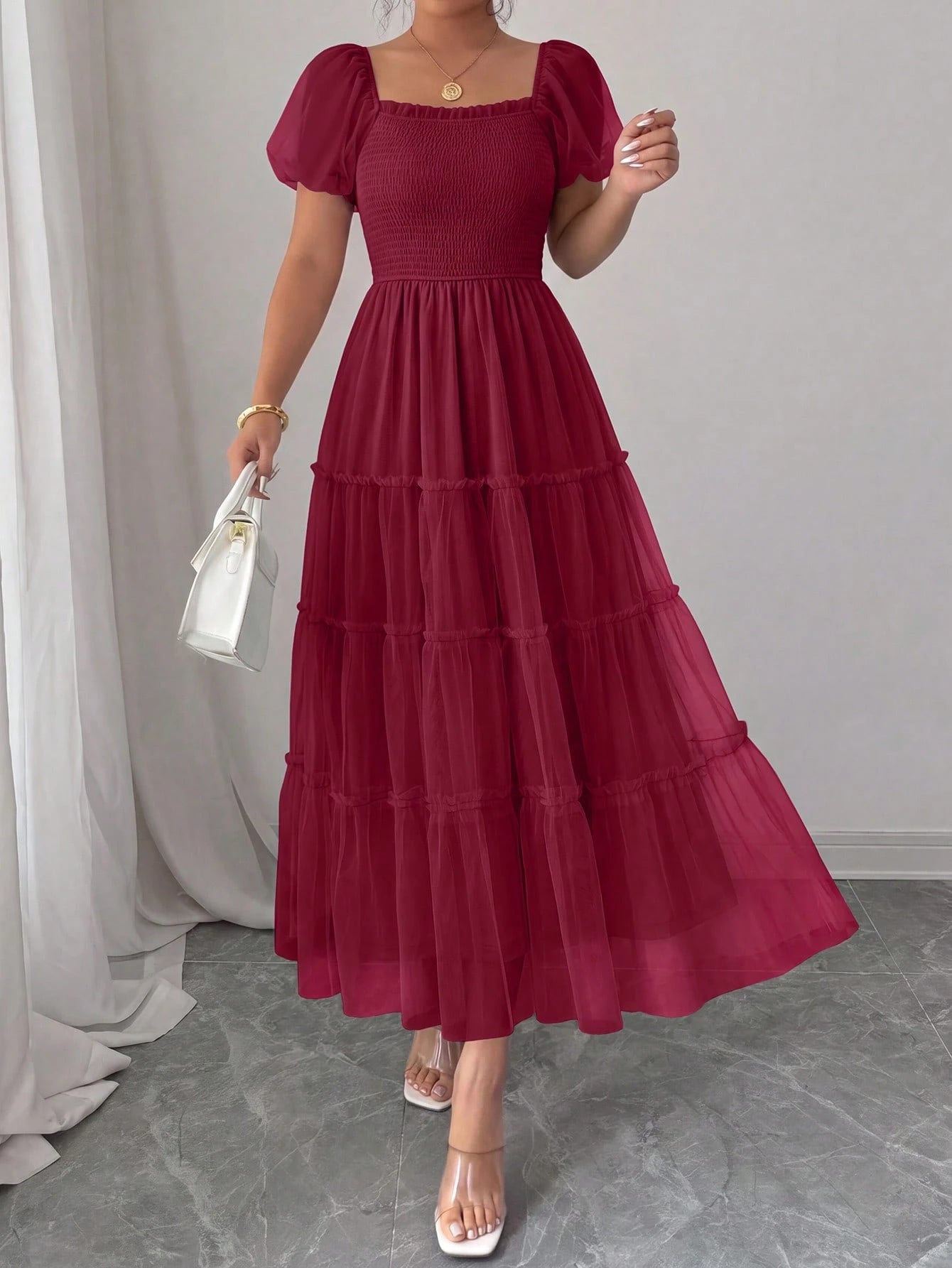 PRETTYGARDEN Women's Summer Smocked Midi Tulle Dress Puffy Short Sleeve Square Neck Ruffle Wedding Guest - image 13