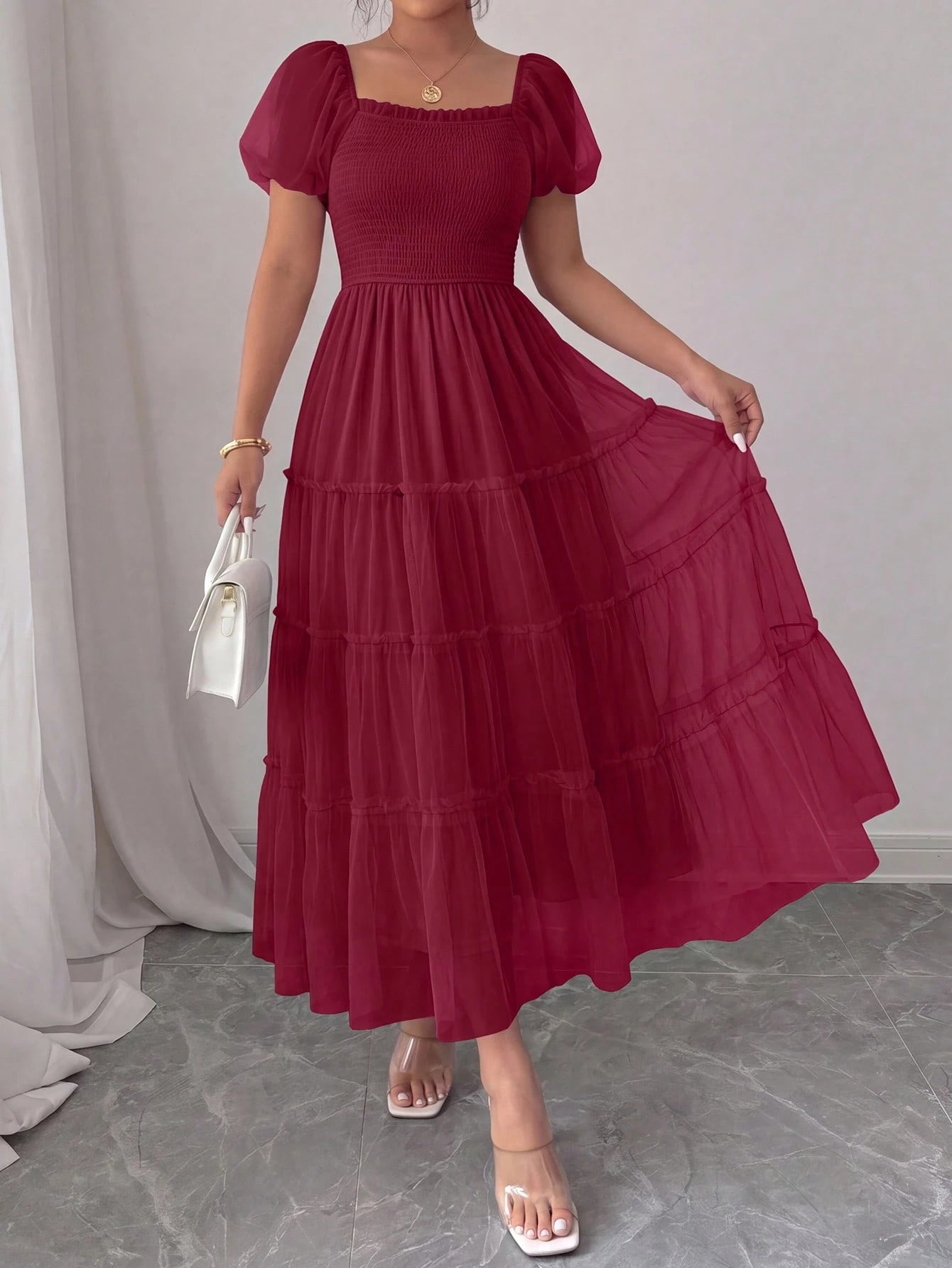 PRETTYGARDEN Women's Summer Smocked Midi Tulle Dress Puffy Short Sleeve Square Neck Ruffle Wedding Guest - image 14