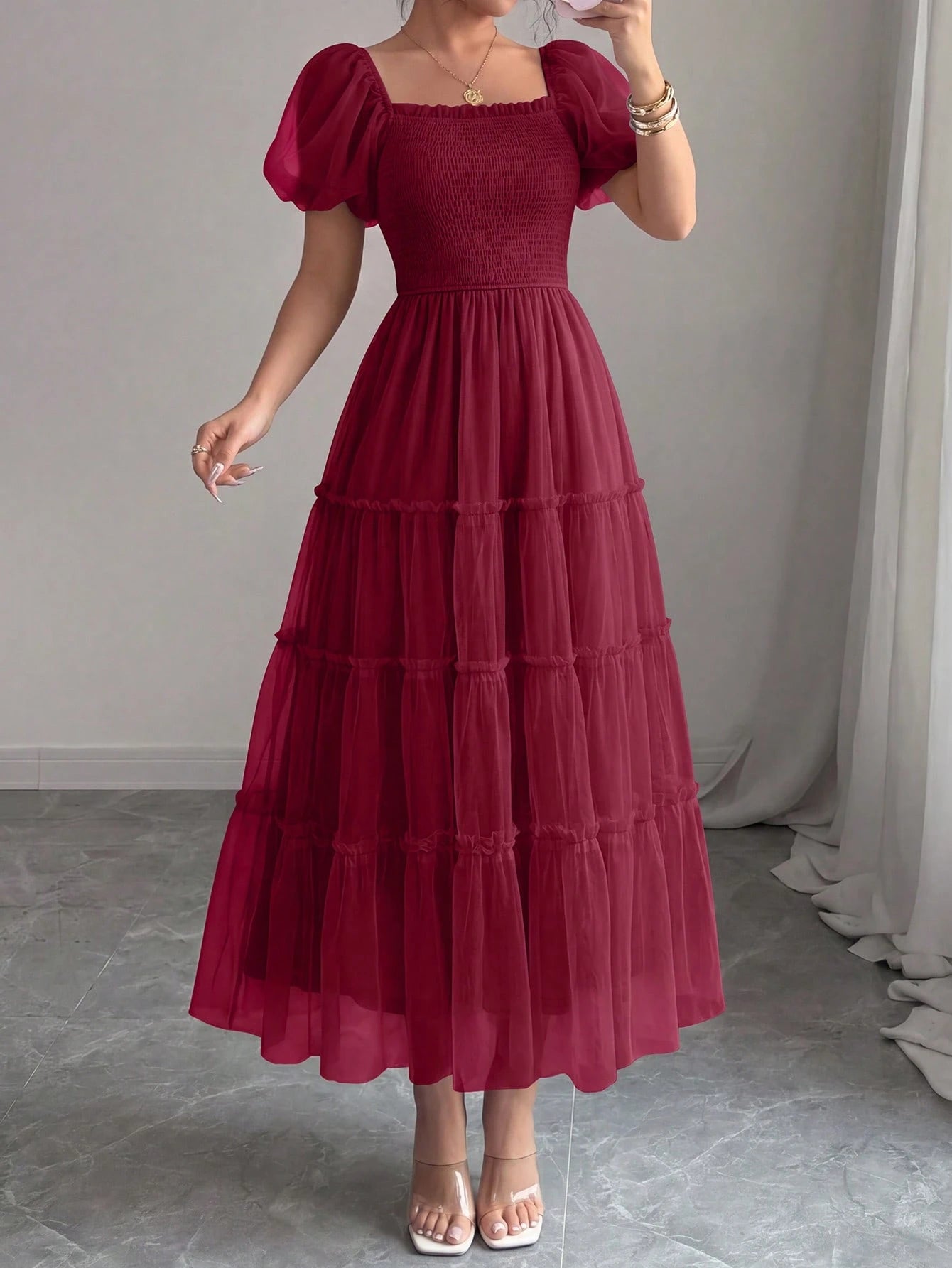 PRETTYGARDEN Women's Summer Smocked Midi Tulle Dress Puffy Short Sleeve Square Neck Ruffle Wedding Guest - image 11