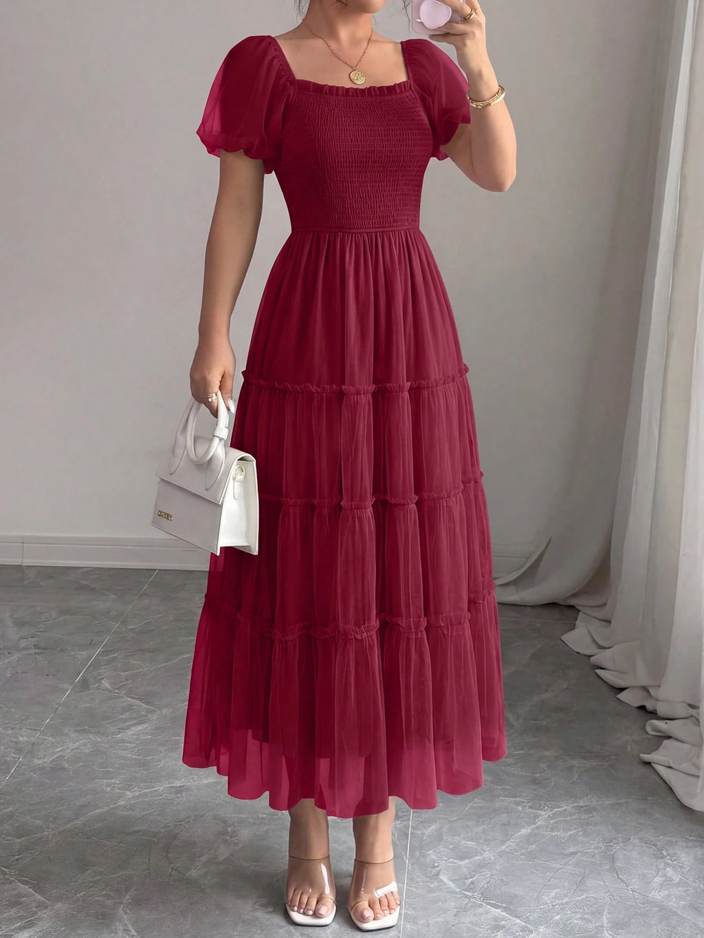 PRETTYGARDEN Women's Summer Smocked Midi Tulle Dress Puffy Short Sleeve Square Neck Ruffle Wedding Guest - image 15