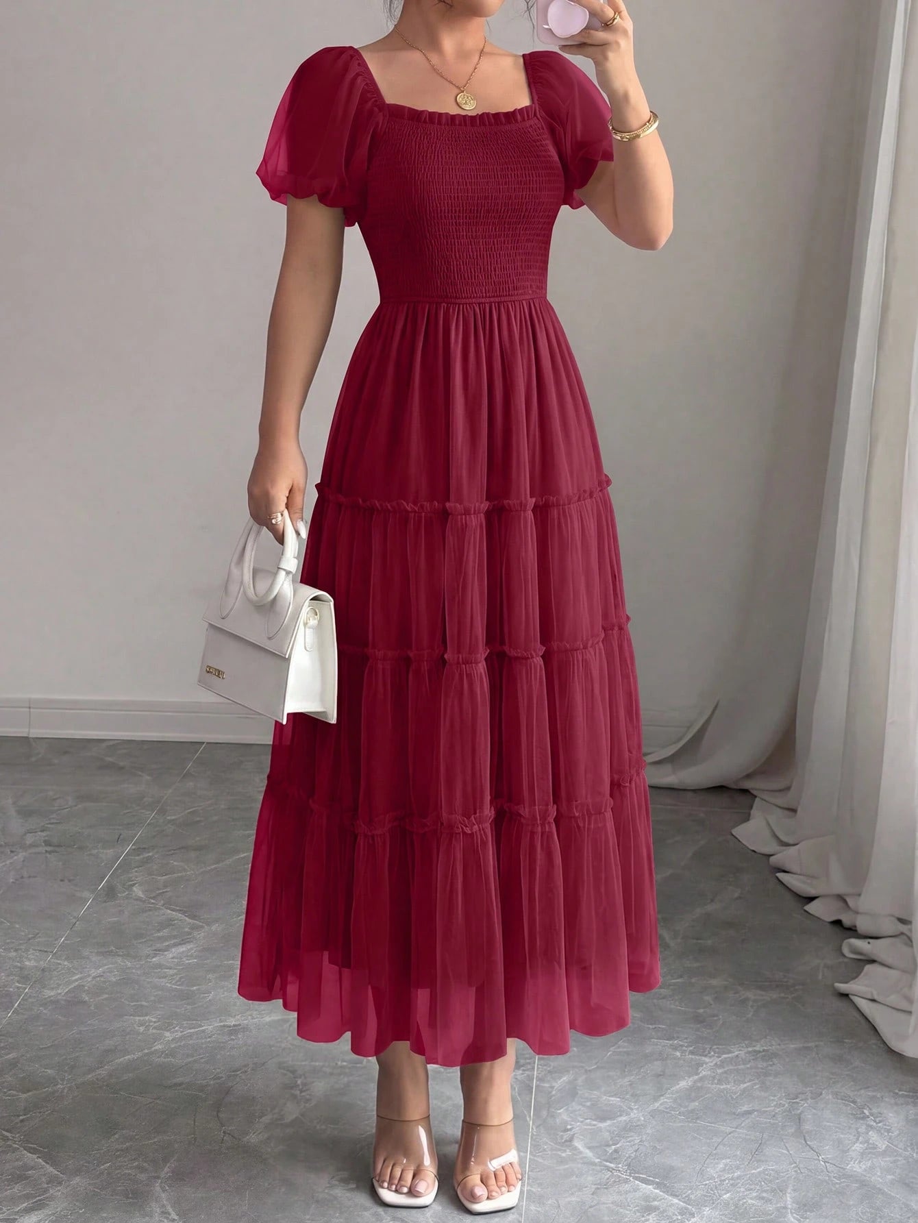 PRETTYGARDEN Women's Summer Smocked Midi Tulle Dress Puffy Short Sleeve Square Neck Ruffle Wedding Guest - image 15