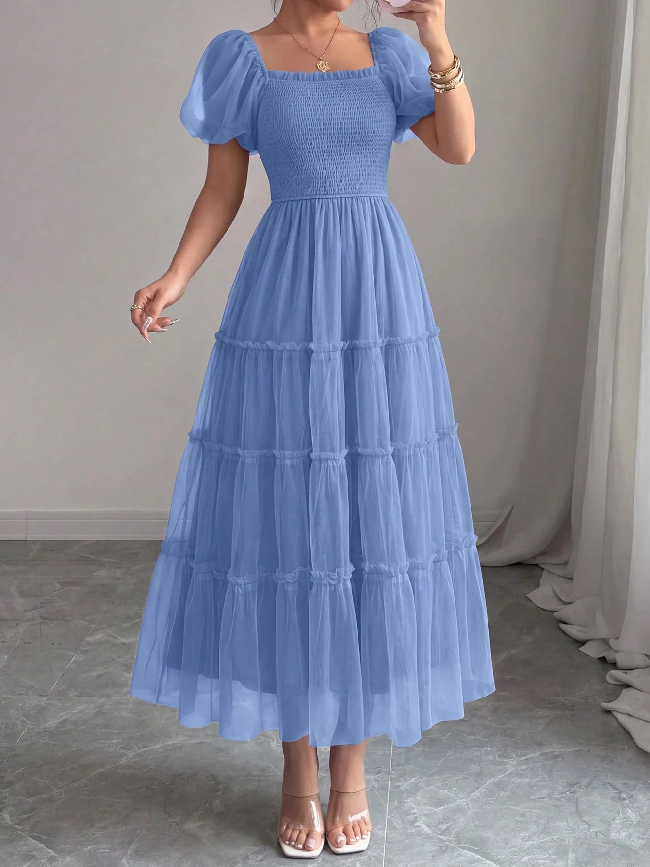 PRETTYGARDEN Women's Summer Smocked Midi Tulle Dress Puffy Short Sleeve Square Neck Ruffle Wedding Guest - image 7