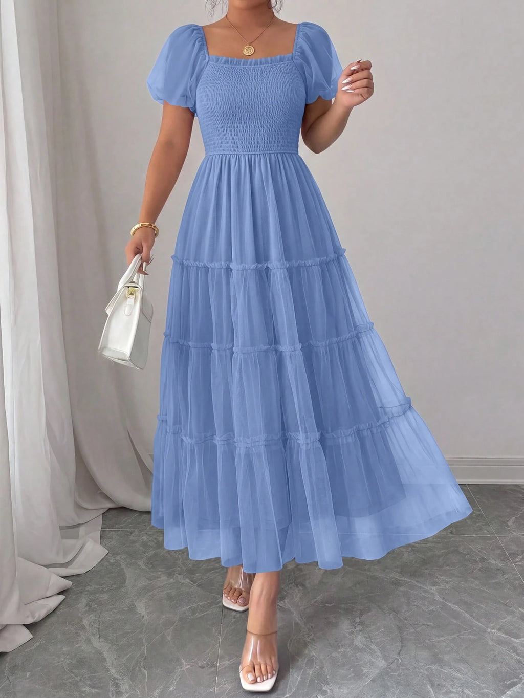 PRETTYGARDEN Women's Summer Smocked Midi Tulle Dress Puffy Short Sleeve Square Neck Ruffle Wedding Guest - image 9