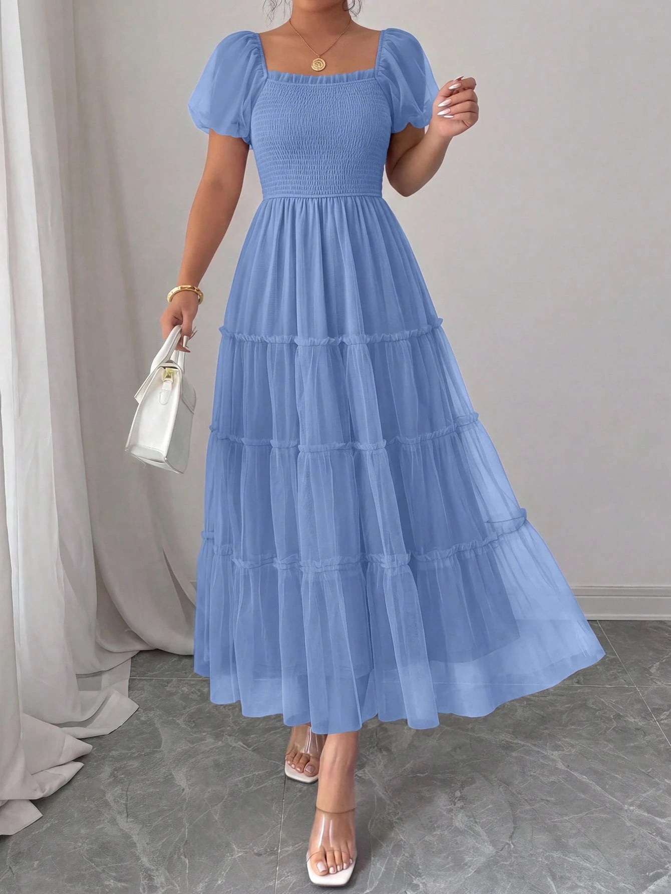 PRETTYGARDEN Women's Summer Smocked Midi Tulle Dress Puffy Short Sleeve Square Neck Ruffle Wedding Guest - image 9